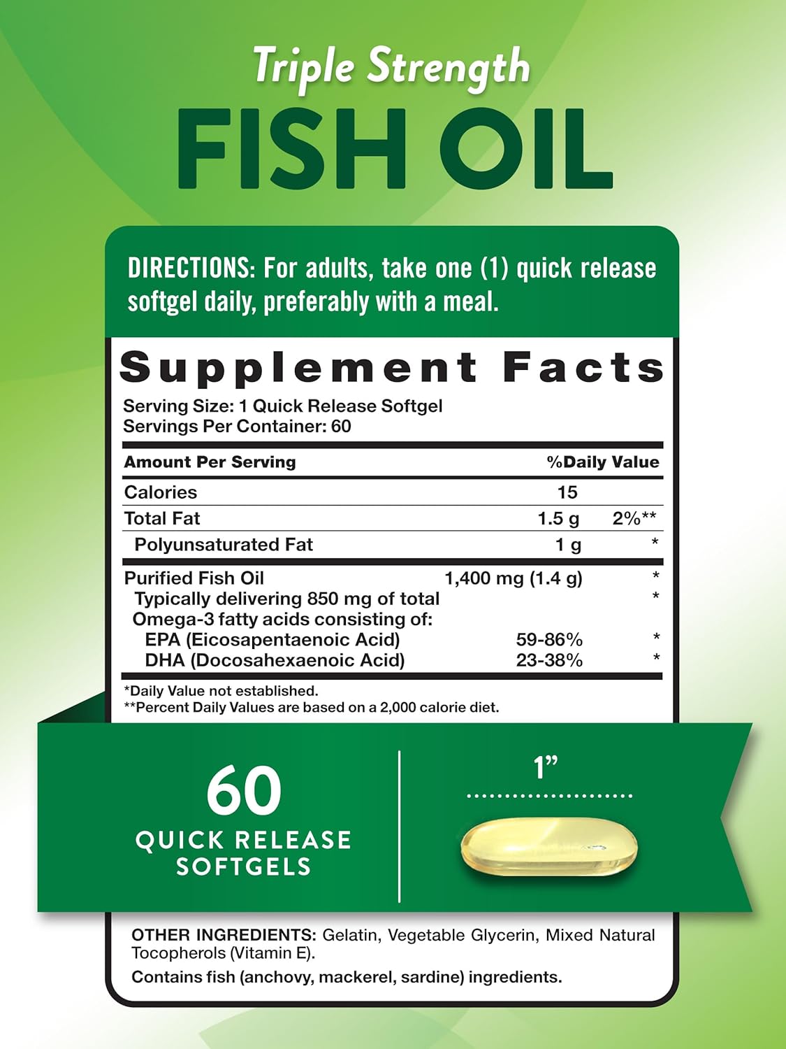 1400mg Triple Strength Fish Oil Softgels with Active Omega 3 - 60 Count - Non-GMO & Gluten Free
