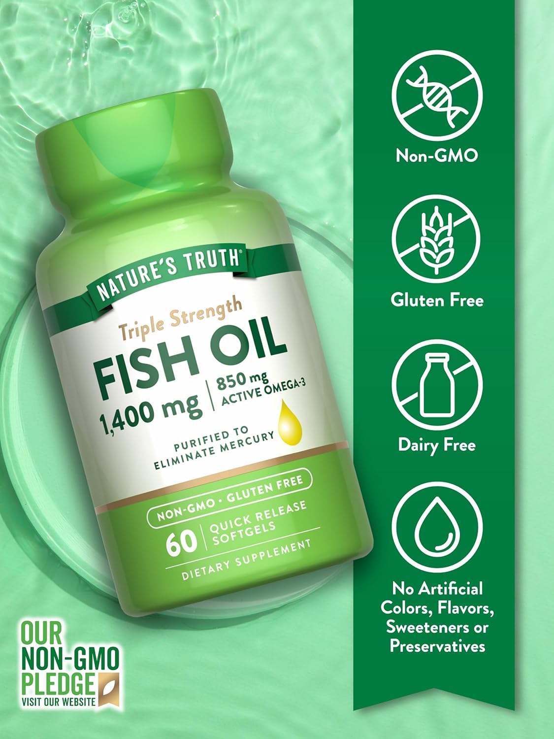 1400mg Triple Strength Fish Oil Softgels with Active Omega 3 - 60 Count - Non-GMO & Gluten Free