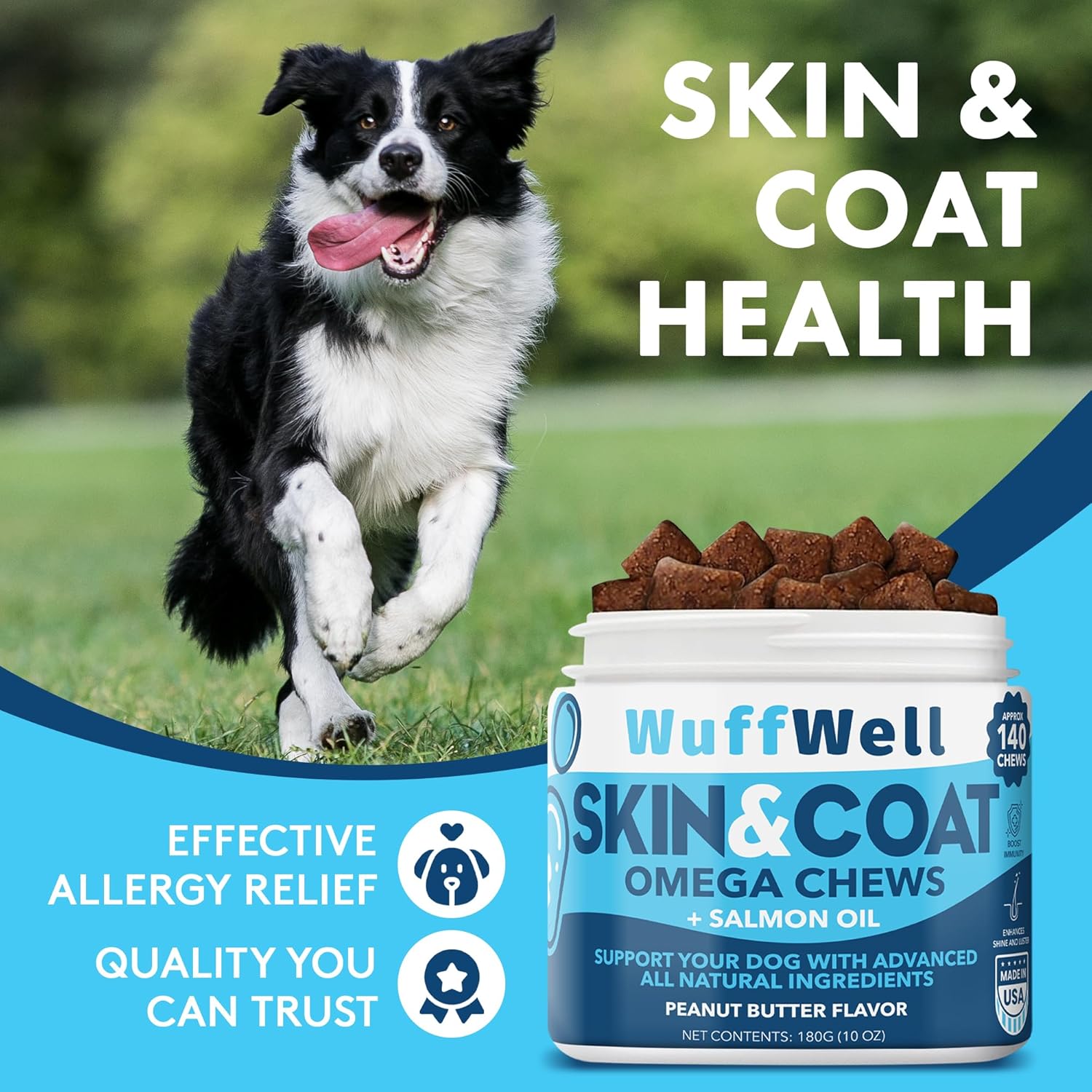 140ct WuffWell Omega 3 Salmon Oil Chews for Dogs - Skin & Coat Supplement, Allergy Relief, Anti-Shedding, Dry Skin Treatment - Made in USA