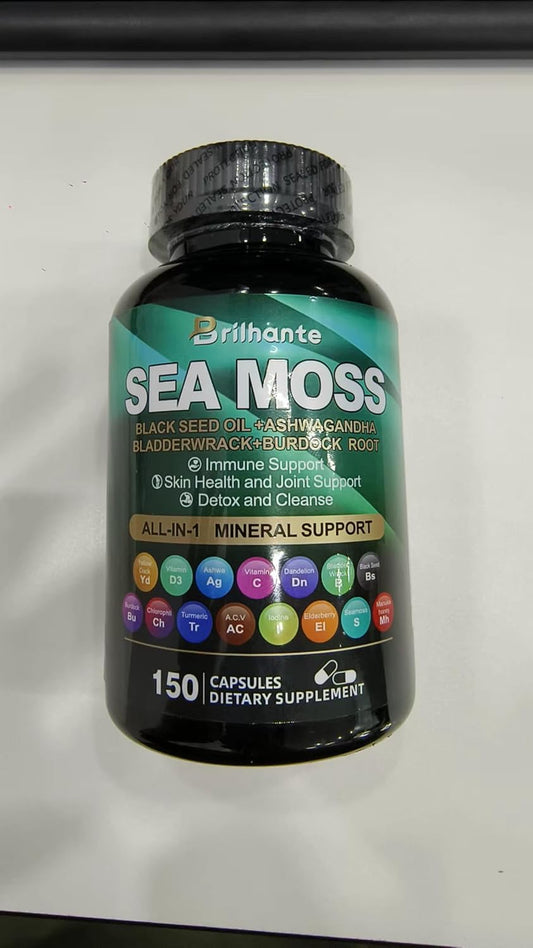 145 Capsules of Sea Moss, Ashwagandha, Black Seed Oil, Vitamin C & D3 Immune System Supplements with Bladderwrack, Ginger, Burdock Root - 27,850mg Sea Moss, 1000mg Ashwagandha, 4000mg Black Seed Oil