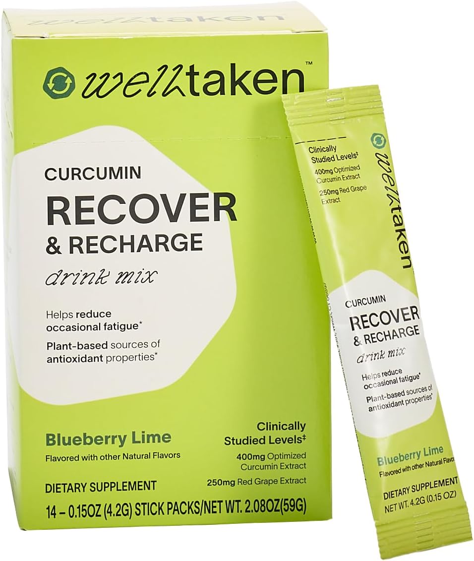 14ct WellTaken Turmeric Curcumin Recover Powder - Blueberry Lime Flavor, 400mg Optimized Curcumin with Pomegranate and Red Grape Extract - Vegan Formula for Reducing Occasional Fatigue, 14 Servings