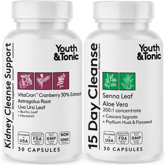 15 Day Colon and Kidney Cleanse Detox Pills - Full Body Cleanse for Bloating, Gut, Bladder, and Urinary Tract - Herbal Supplement with Senna and Cranberry - 60 Pills for Men and Women
