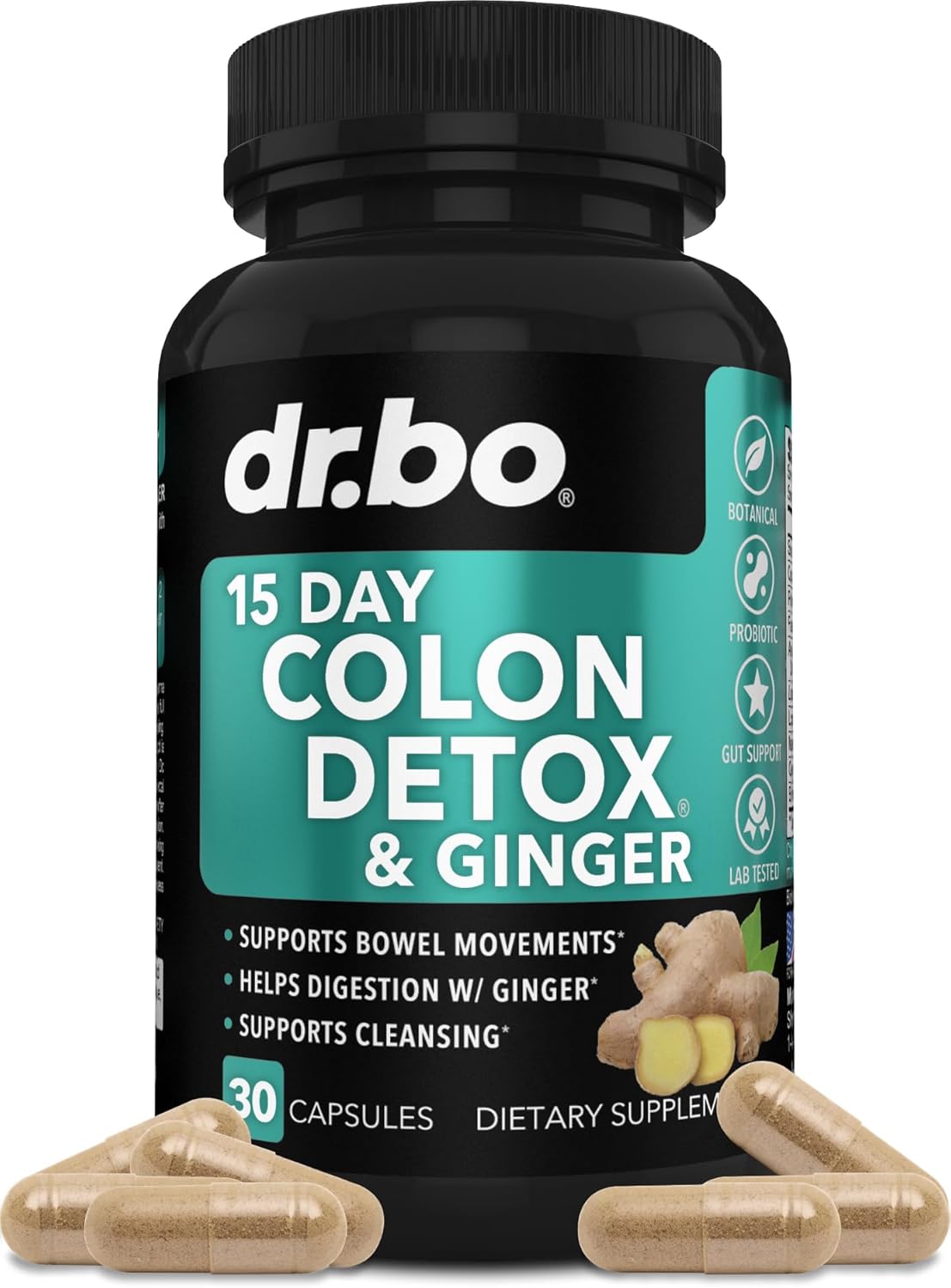 15-Day Dr. BO Colon Cleanser Detox Pills with Ginger - Fast Natural Laxative for Weight Flush & Constipation Relief