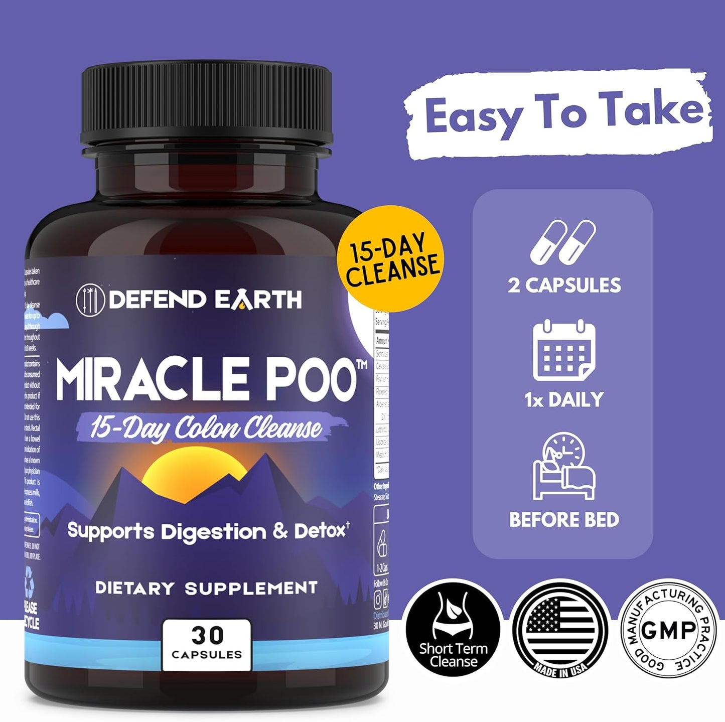 15-Day Earth Defense Gut Cleanse Capsules for Detox & Digestive Health Support - Psyllium Husk, Senna, & Cascara Sagrada - Non-GMO - 30 Capsules