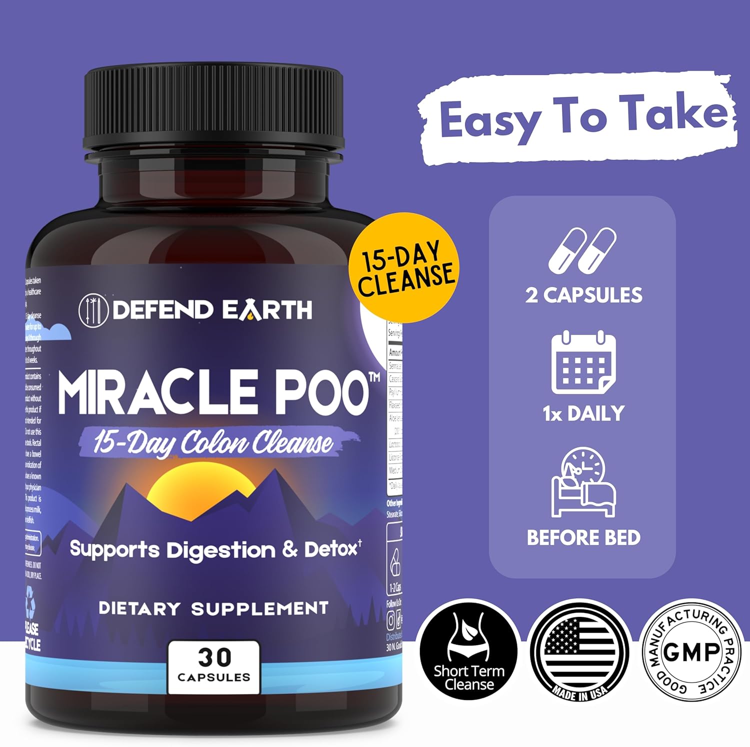 15-Day Earth Defense Gut Cleanse Capsules for Detox & Digestive Health Support - Psyllium Husk, Senna, & Cascara Sagrada - Non-GMO - 30 Capsules