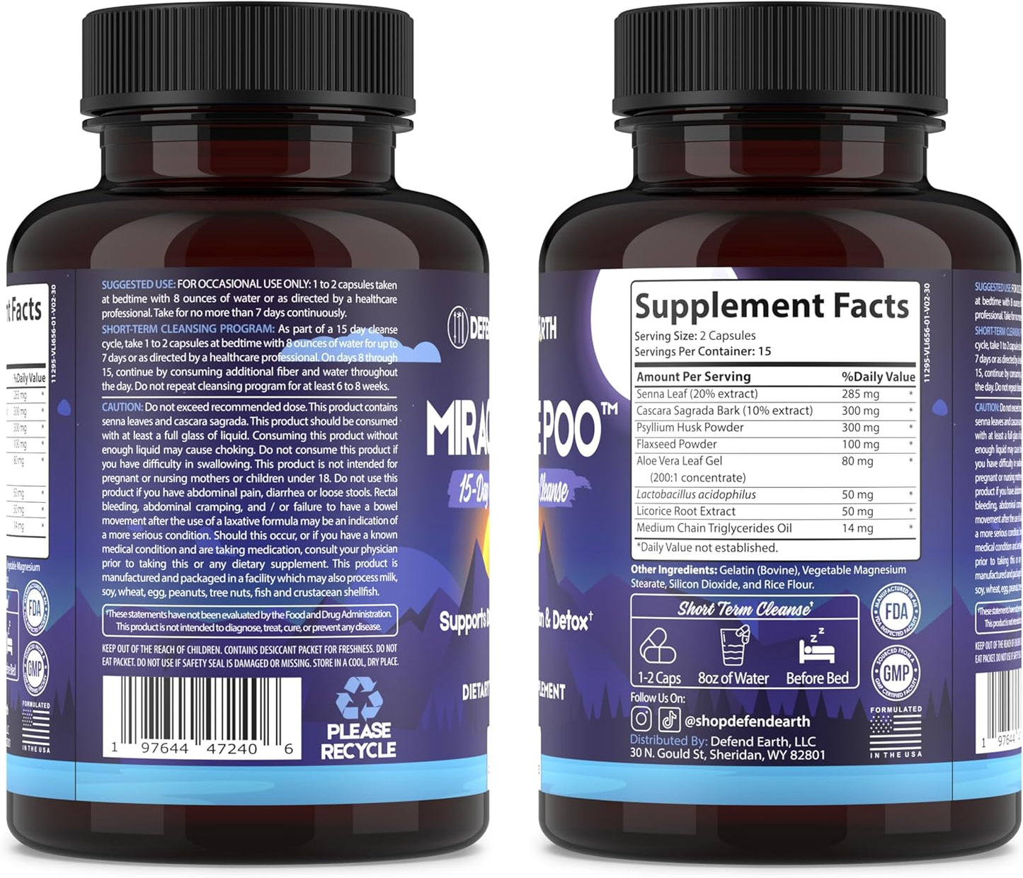 15-Day Earth Defense Gut Cleanse Capsules for Detox & Digestive Health Support - Psyllium Husk, Senna, & Cascara Sagrada - Non-GMO - 30 Capsules