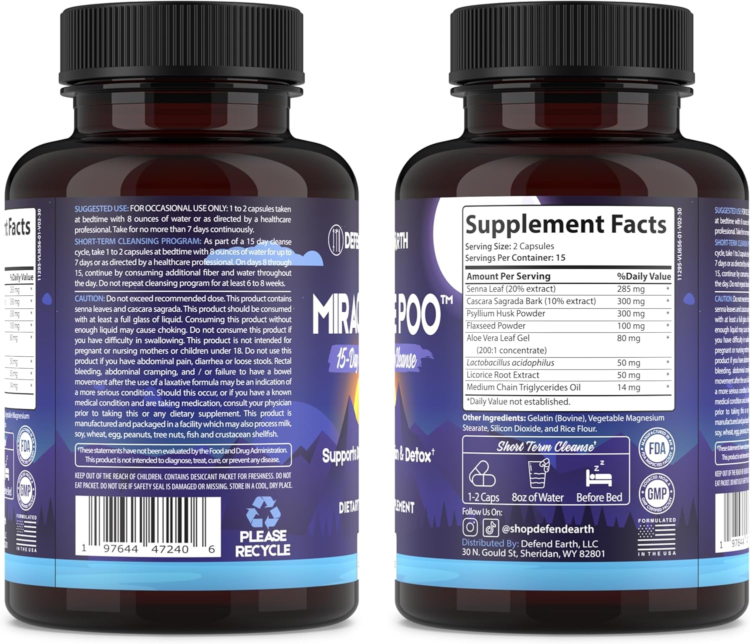 15-Day Earth Defense Gut Cleanse Capsules for Detox & Digestive Health Support - Psyllium Husk, Senna, & Cascara Sagrada - Non-GMO - 30 Capsules