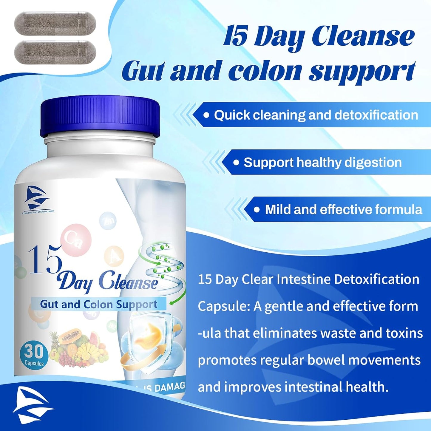 15 Day Gut Cleanse with Senna, Cascara Sagrada & Psyllium Husk - Advanced Formula for Gut and Colon Support, Bowel Dissolving Capsules - 30 Capsules (2 Bottles)