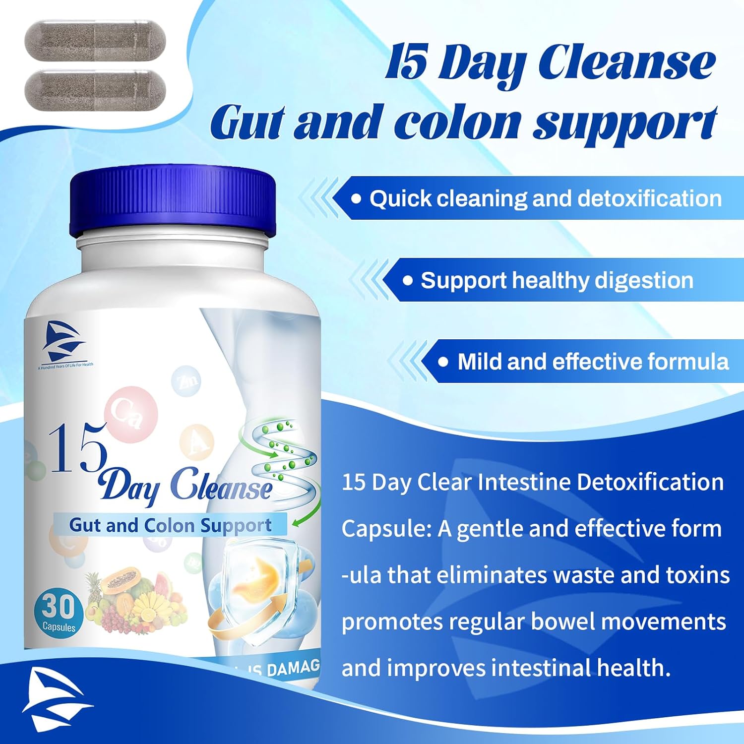 15 Day Gut Cleanse with Senna, Cascara Sagrada & Psyllium Husk - Advanced Formula for Gut and Colon Support, Bowel Dissolving Capsules - 30 Capsules (2 Bottles)
