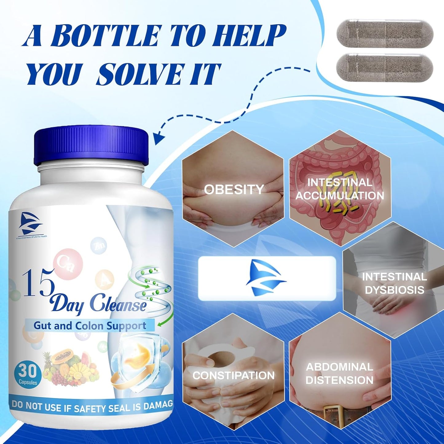 15 Day Gut Cleanse with Senna, Cascara Sagrada & Psyllium Husk - Advanced Formula for Gut and Colon Support, Bowel Dissolving Capsules - 30 Capsules (2 Bottles)