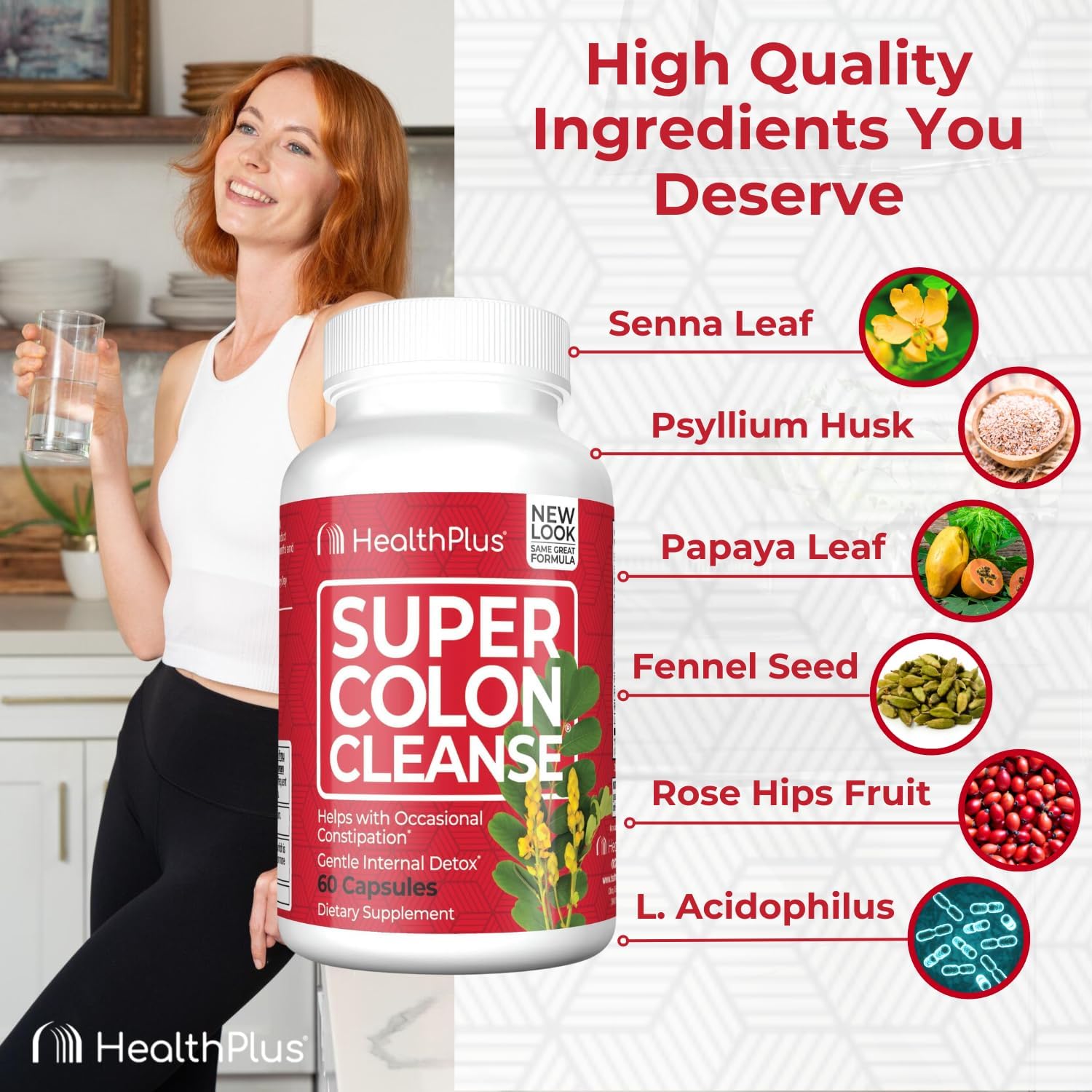 15 Day Supply of Health Plus Super Colon Cleanse Capsules for Gentle Gut Cleanse & Digestive Support with Psyllium Husk & Probiotics