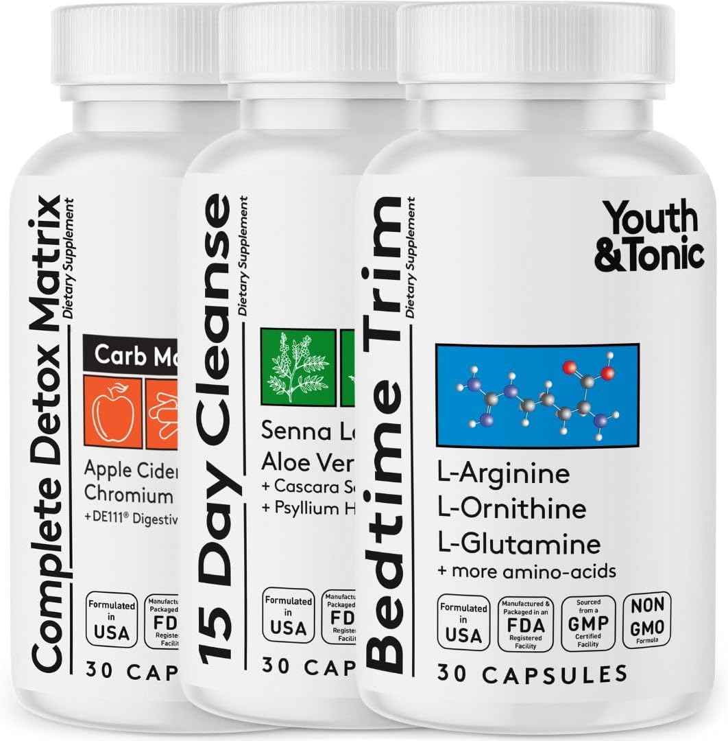 15-Day Youth & Tonic Amino Acids Bedtime Trim Colon Cleanser with ACV Detox - 90 Pills for Metabolism Boost & Lean Muscles