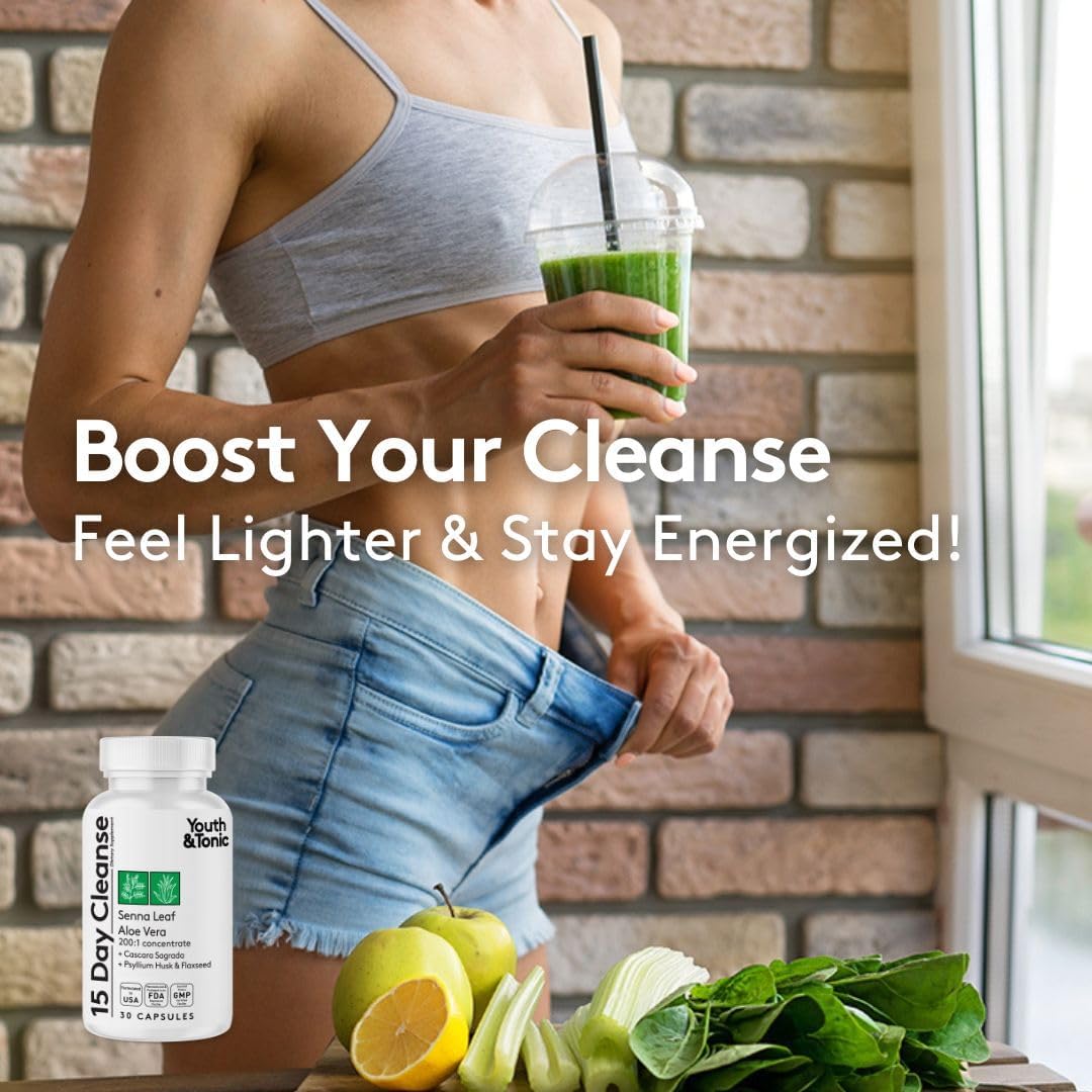 15 Day Youth & Tonic Jumpstart Cleanse for Bloating & Energy with Colon Detox & Gut Cleanser Pills - Supports Metabolism & Weight Loss - 90 Capsules