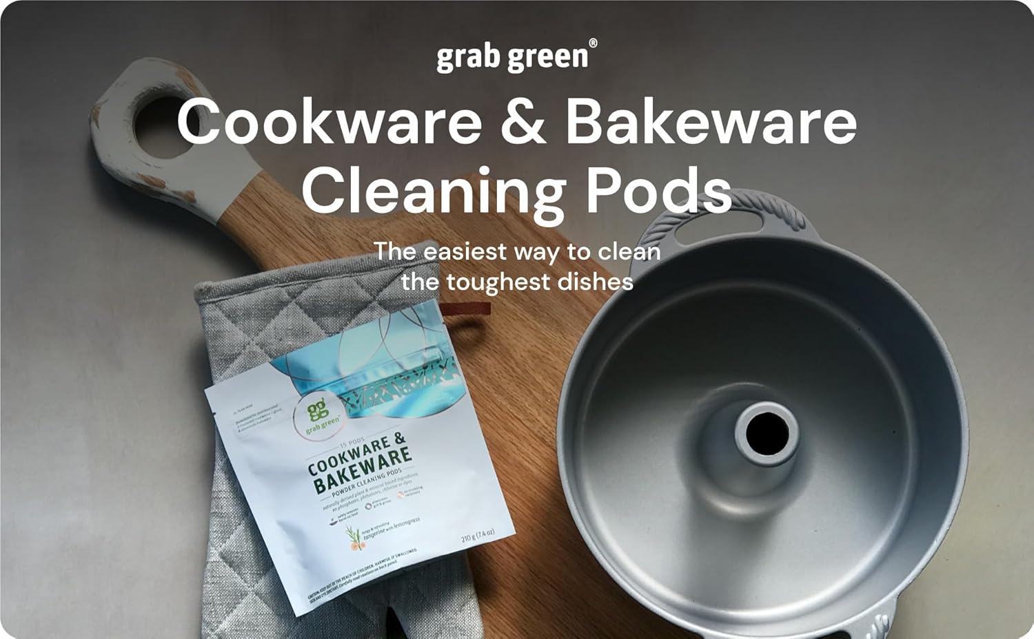 15 Grab Green Cookware and Bakeware Cleaner Pods, Tangerine Lemongrass Scent, Plant and Mineral Based, Removes Burnt-On Food and Stains