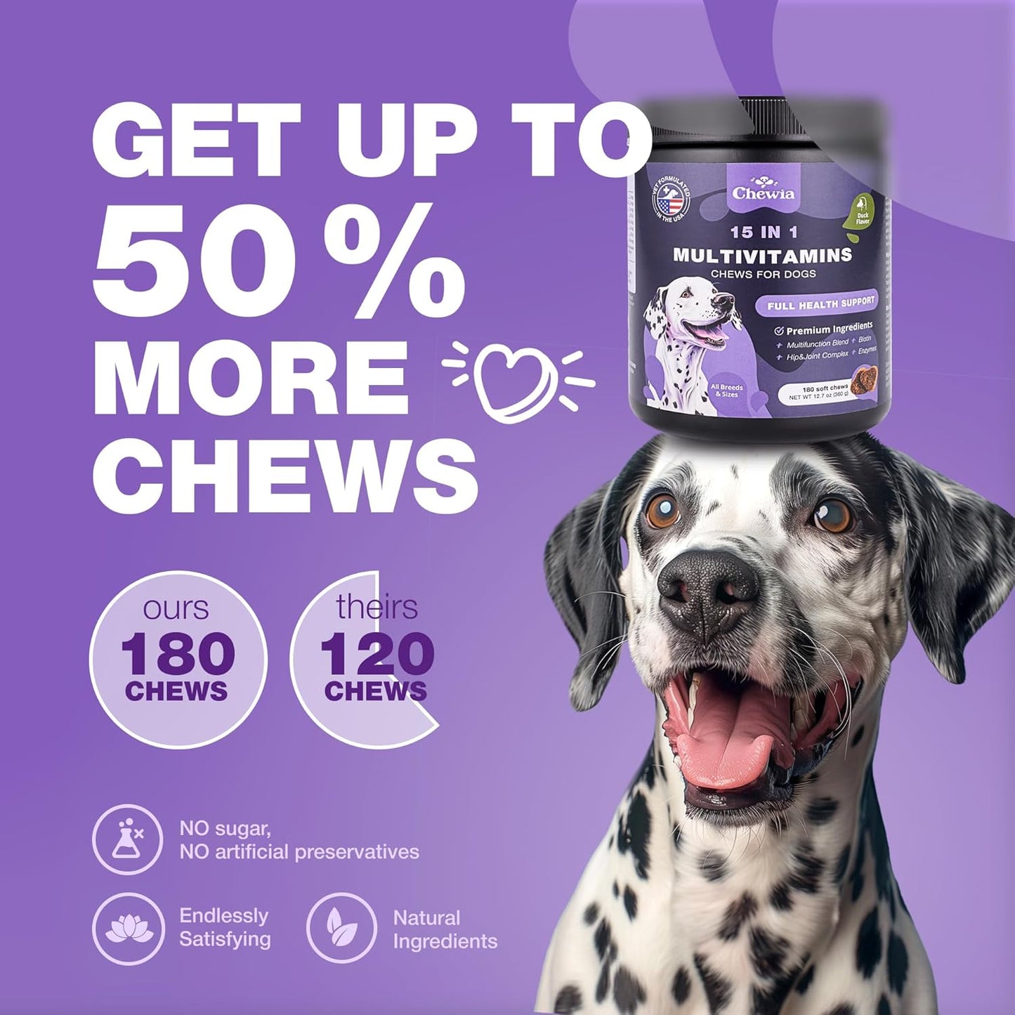 15-in-1 Dog Multivitamin Chews with MSM for Hip & Joint Health, Itchy Skin Relief, Immune Support, Enzymes, Skin & Coat, Mobility Support by CHEWIA