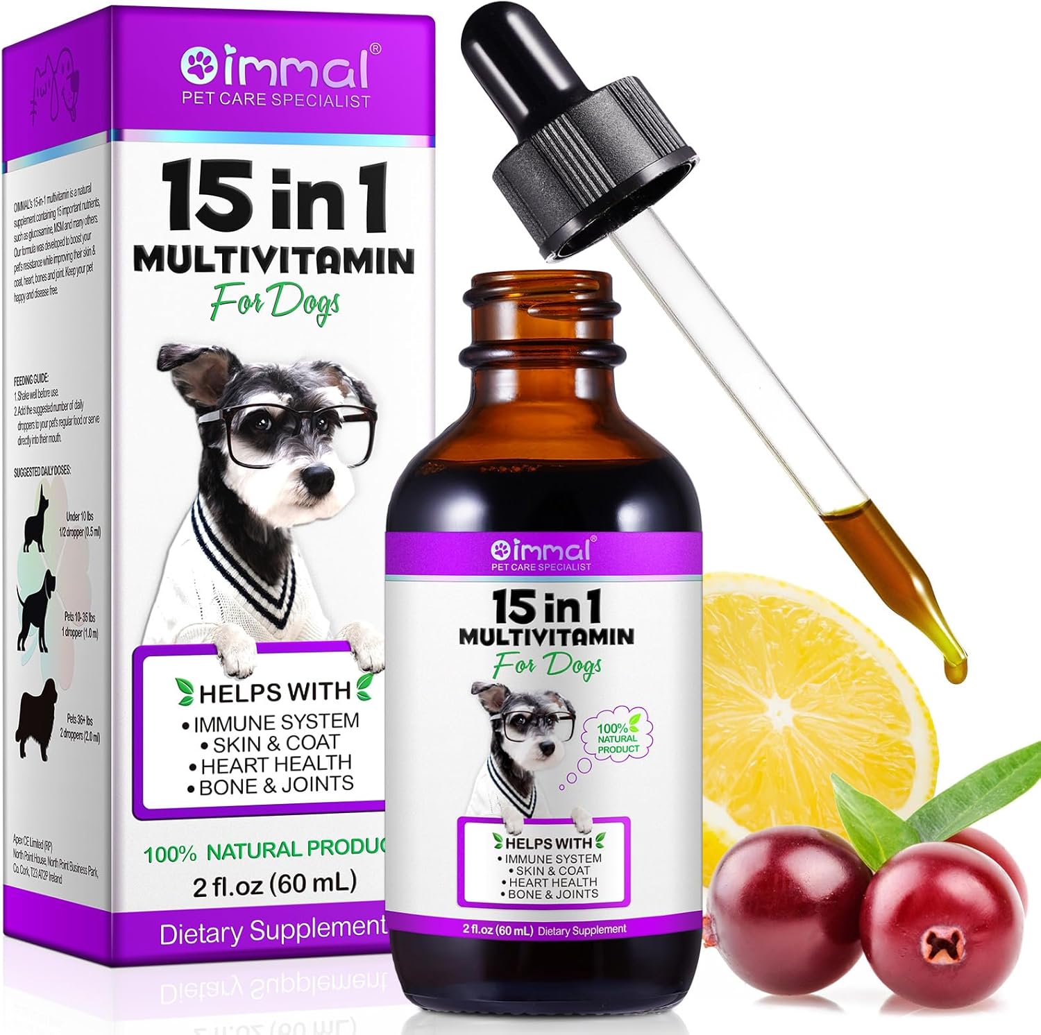 15 in 1 Dog Multivitamin Drops - Natural Dog Vitamins & Supplements with Glucosamine, MSM for Skin, Coat, Heart, Bones, Joints, Immune System Support