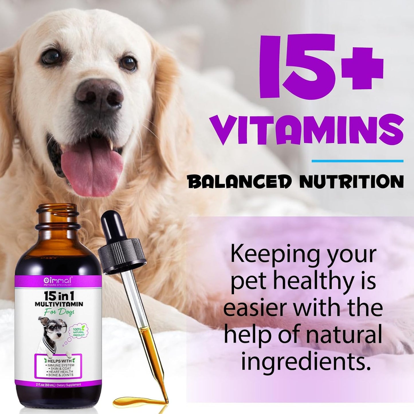 15 in 1 Dog Multivitamin Drops - Natural Dog Vitamins & Supplements with Glucosamine, MSM for Skin, Coat, Heart, Bones, Joints, Immune System Support