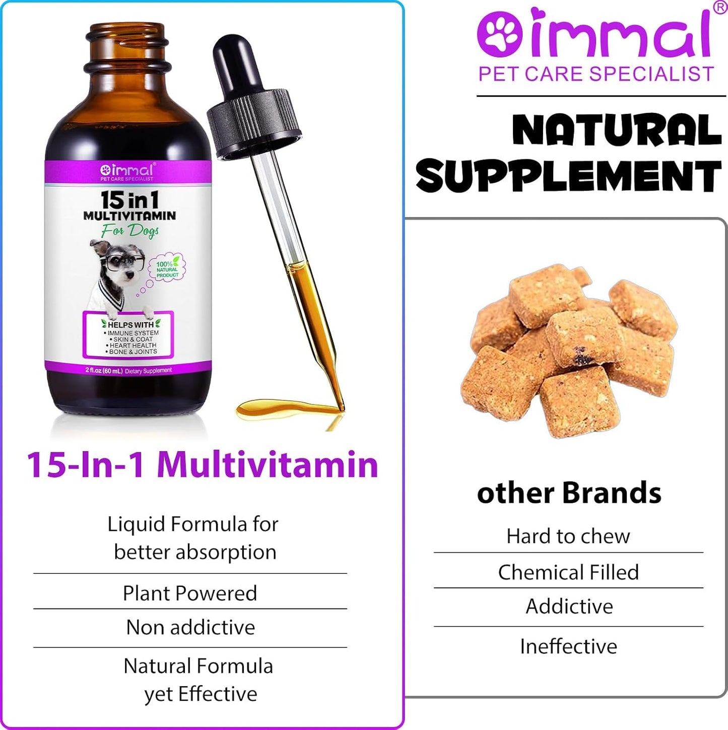 15 in 1 Dog Multivitamin Drops - Natural Dog Vitamins & Supplements with Glucosamine, MSM for Skin, Coat, Heart, Bones, Joints, Immune System Support