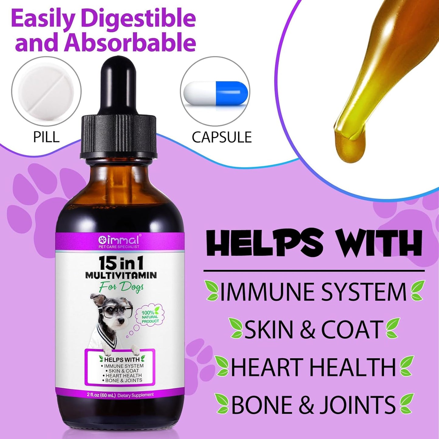 15-in-1 Dog Multivitamin Liquid Supplement - All-in-One for Digestive, Immune, Skin & Coat, Hip & Joint Support - All Ages, All Breeds - 2 oz