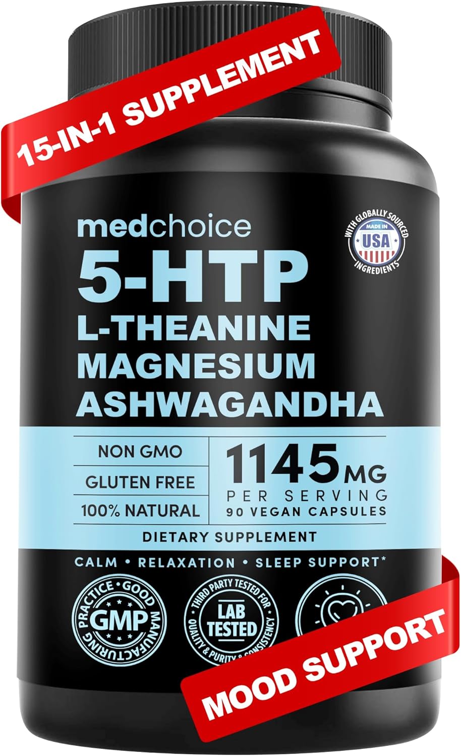 15-in-1 Mood Support Supplement - 5HTP 200mg Capsules with L-Theanine, Magnesium, Ashwagandha, GABA, St. John's Wort, L-Tryptophan - Anxiety Relief 1145mg (90ct)