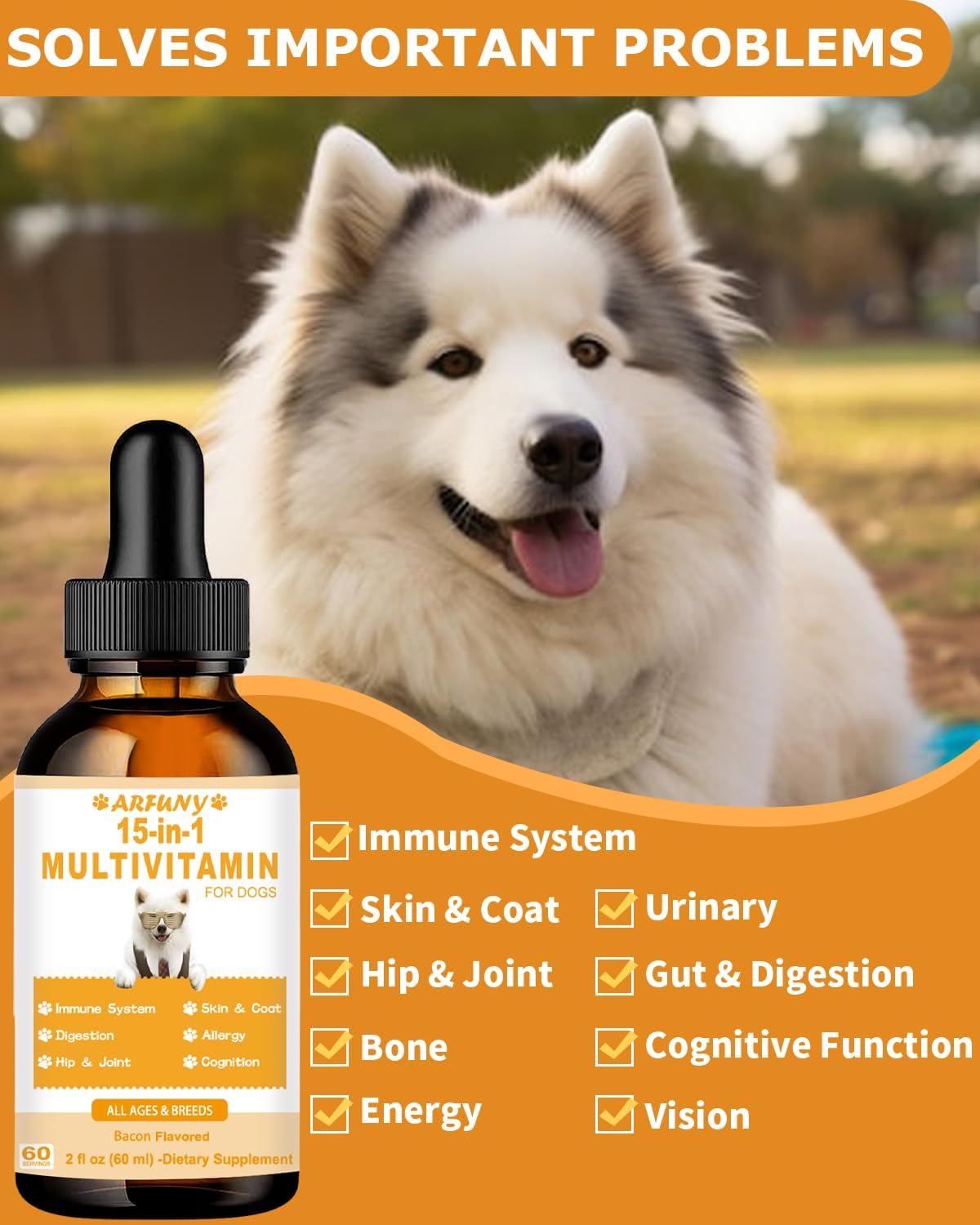 15 in 1 Multivitamin Liquid for Dogs - Supports Joint, Gut, and Immune Health - Puppy Vitamin Supplement with Bacon Flavor - Canine Digestion, Heart, Skin, and Coat Health Benefits