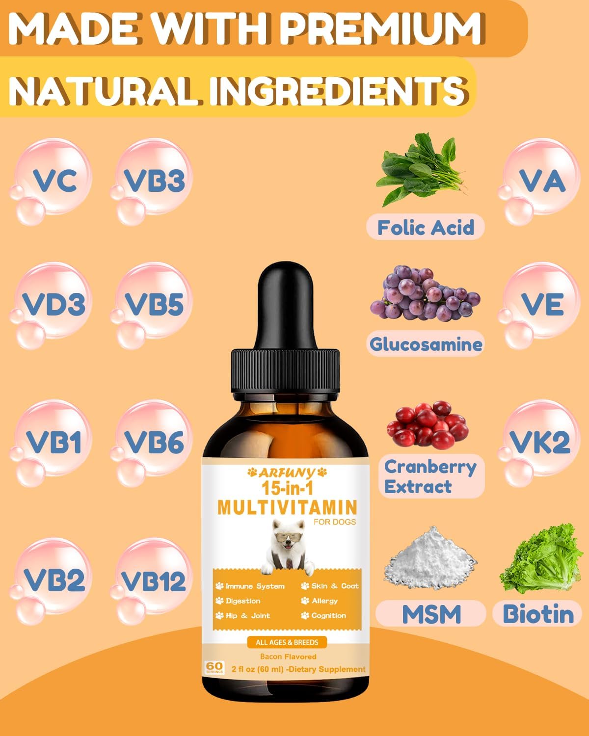 15 in 1 Multivitamin Liquid for Dogs - Supports Joint, Gut, and Immune Health - Puppy Vitamin Supplement with Bacon Flavor - Canine Digestion, Heart, Skin, and Coat Health Benefits