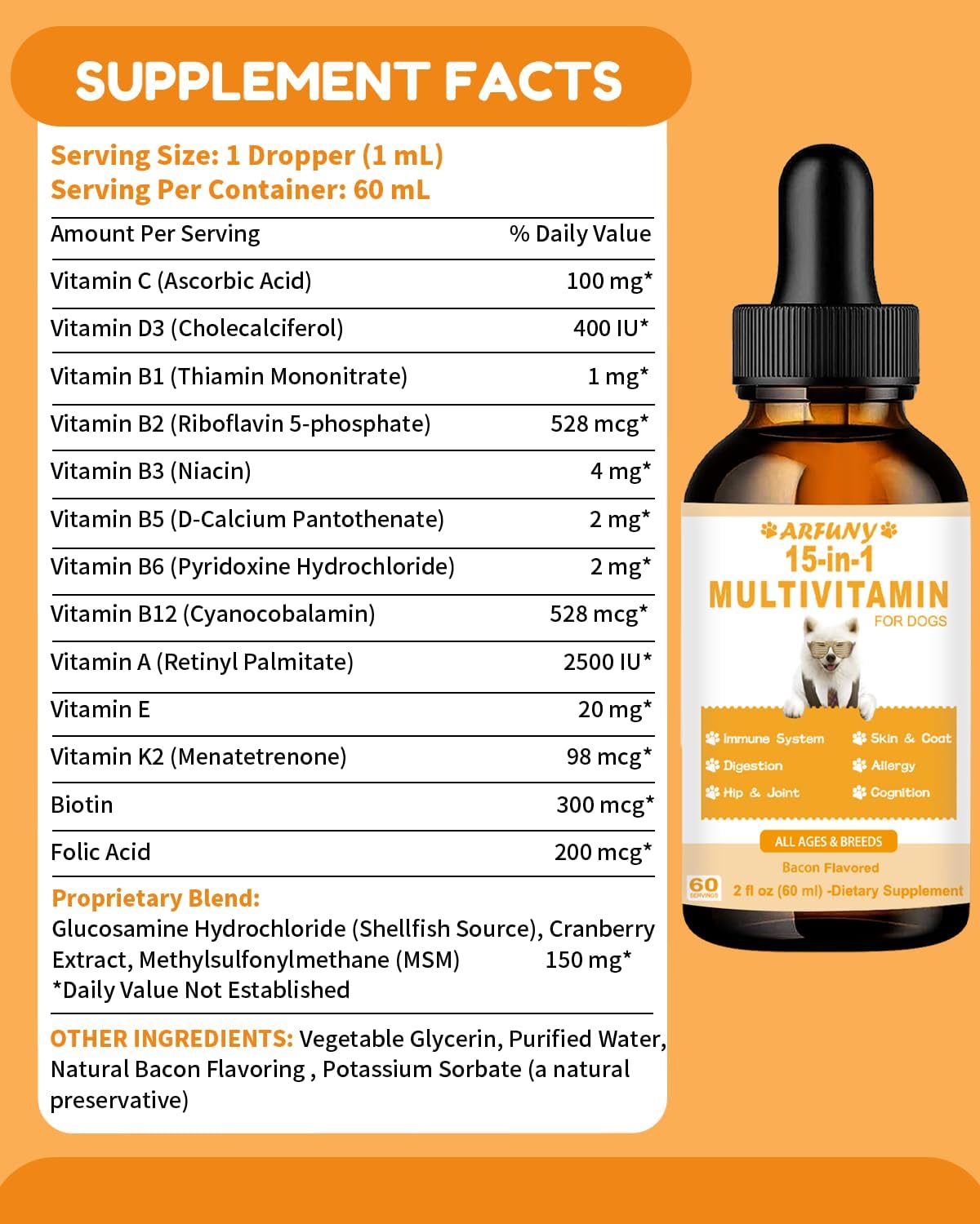 15 in 1 Multivitamin Liquid for Dogs - Supports Joint, Gut, and Immune Health - Puppy Vitamin Supplement with Bacon Flavor - Canine Digestion, Heart, Skin, and Coat Health Benefits