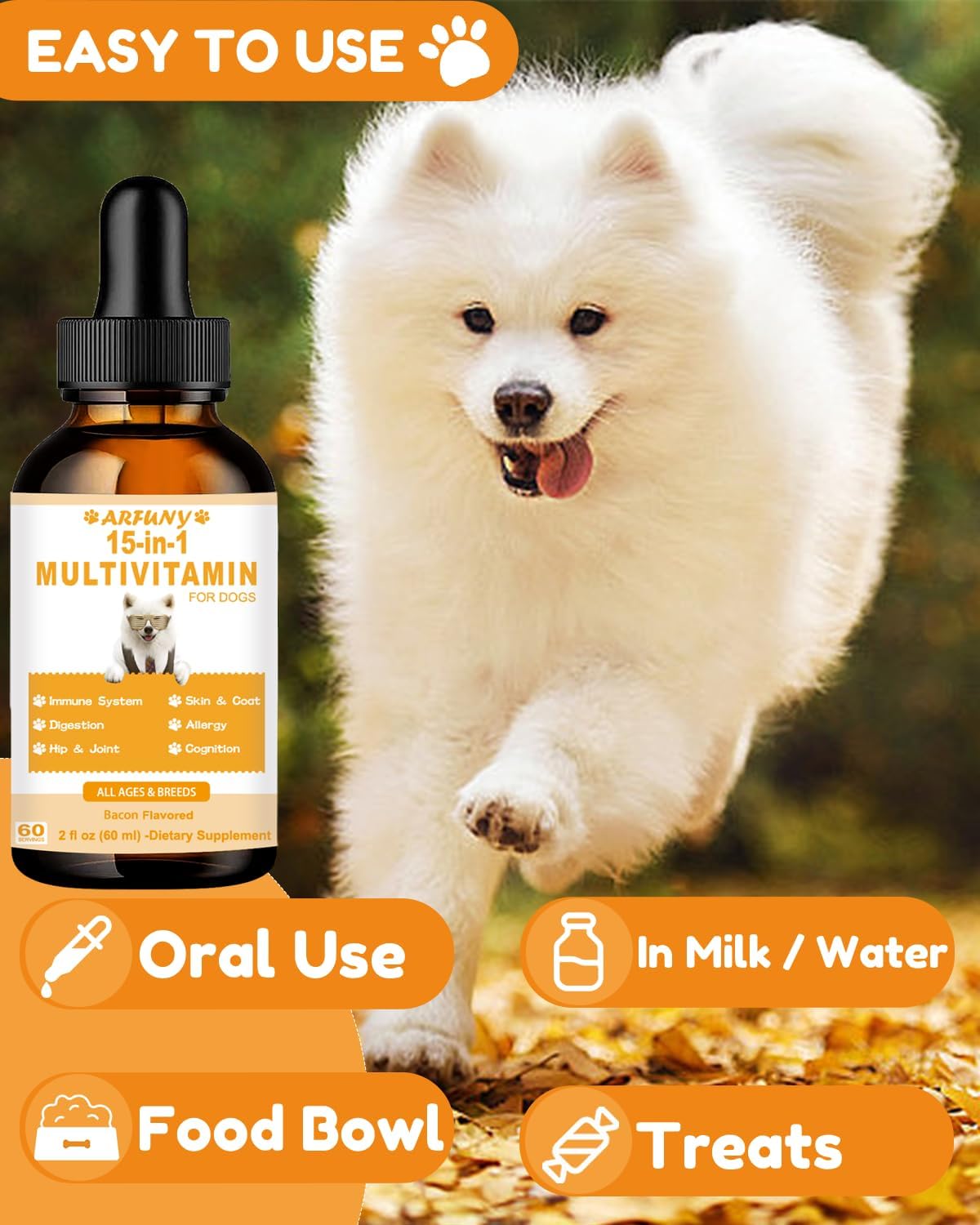 15 in 1 Multivitamin Liquid for Dogs - Supports Joint, Gut, and Immune Health - Puppy Vitamin Supplement with Bacon Flavor - Canine Digestion, Heart, Skin, and Coat Health Benefits