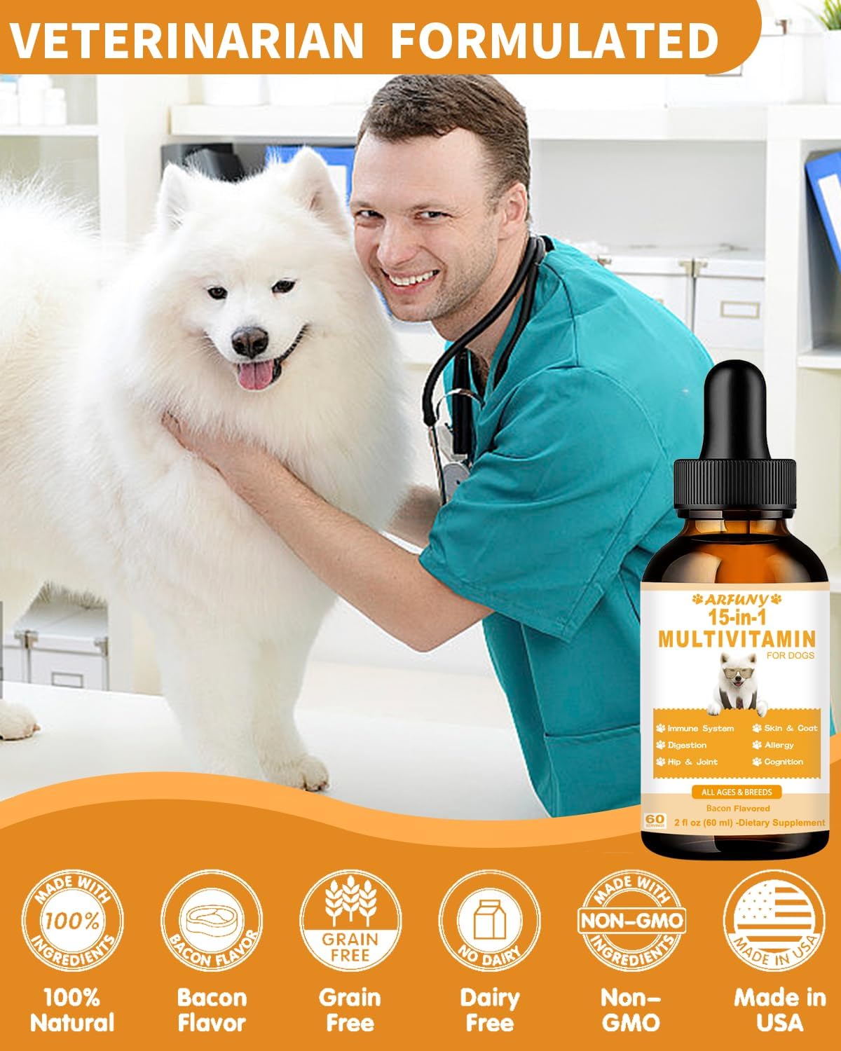 15 in 1 Multivitamin Liquid for Dogs - Supports Joint, Gut, and Immune Health - Puppy Vitamin Supplement with Bacon Flavor - Canine Digestion, Heart, Skin, and Coat Health Benefits