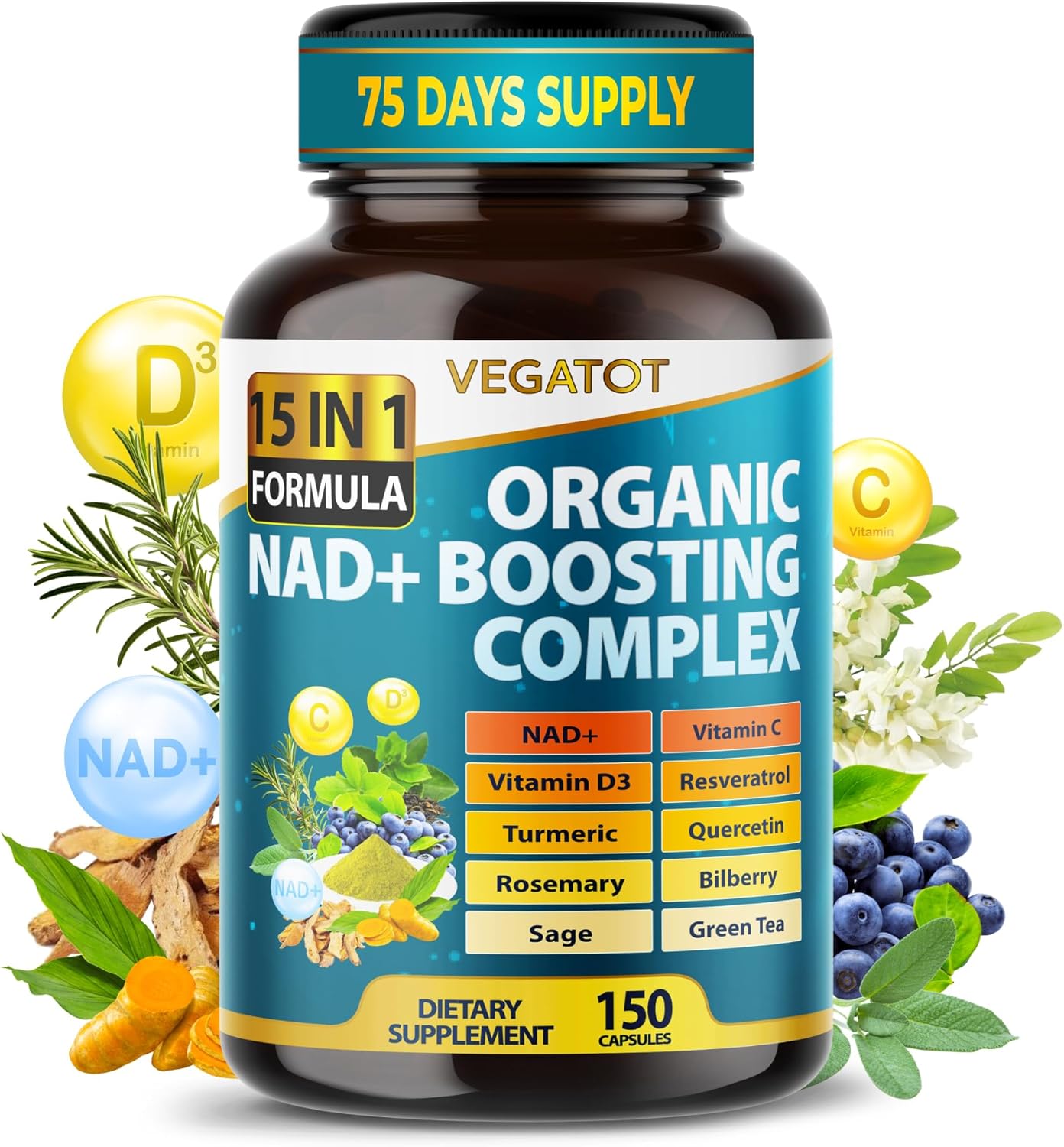 15-in-1 NAD+ Boosting Complex Supplement for Women & Men - Resveratrol, Turmeric, Quercetin, Rosemary, Bilberry, Sage, Green Tea - VEGATOT