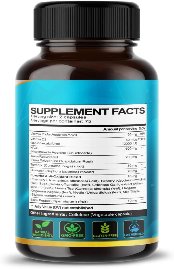 15-in-1 NAD+ Boosting Complex Supplement for Women & Men - Resveratrol, Turmeric, Quercetin, Rosemary, Bilberry, Sage, Green Tea - VEGATOT