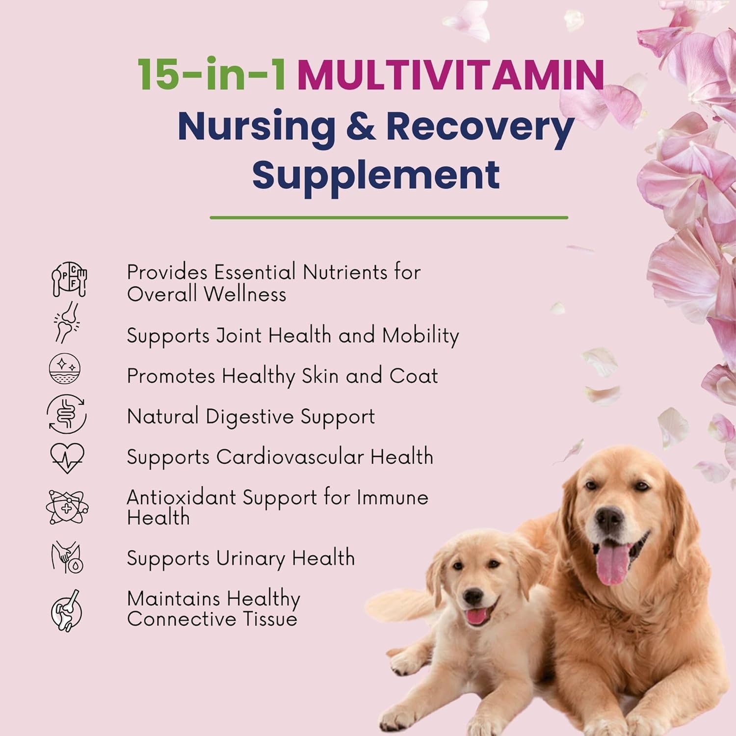 15-in-1 Postnatal Vitamins for Dogs - Promotes Recovery, Joint Health, Skin & Coat Care - Probiotics & Multivitamins - 120 Chewable Chicken Flavor Tablets