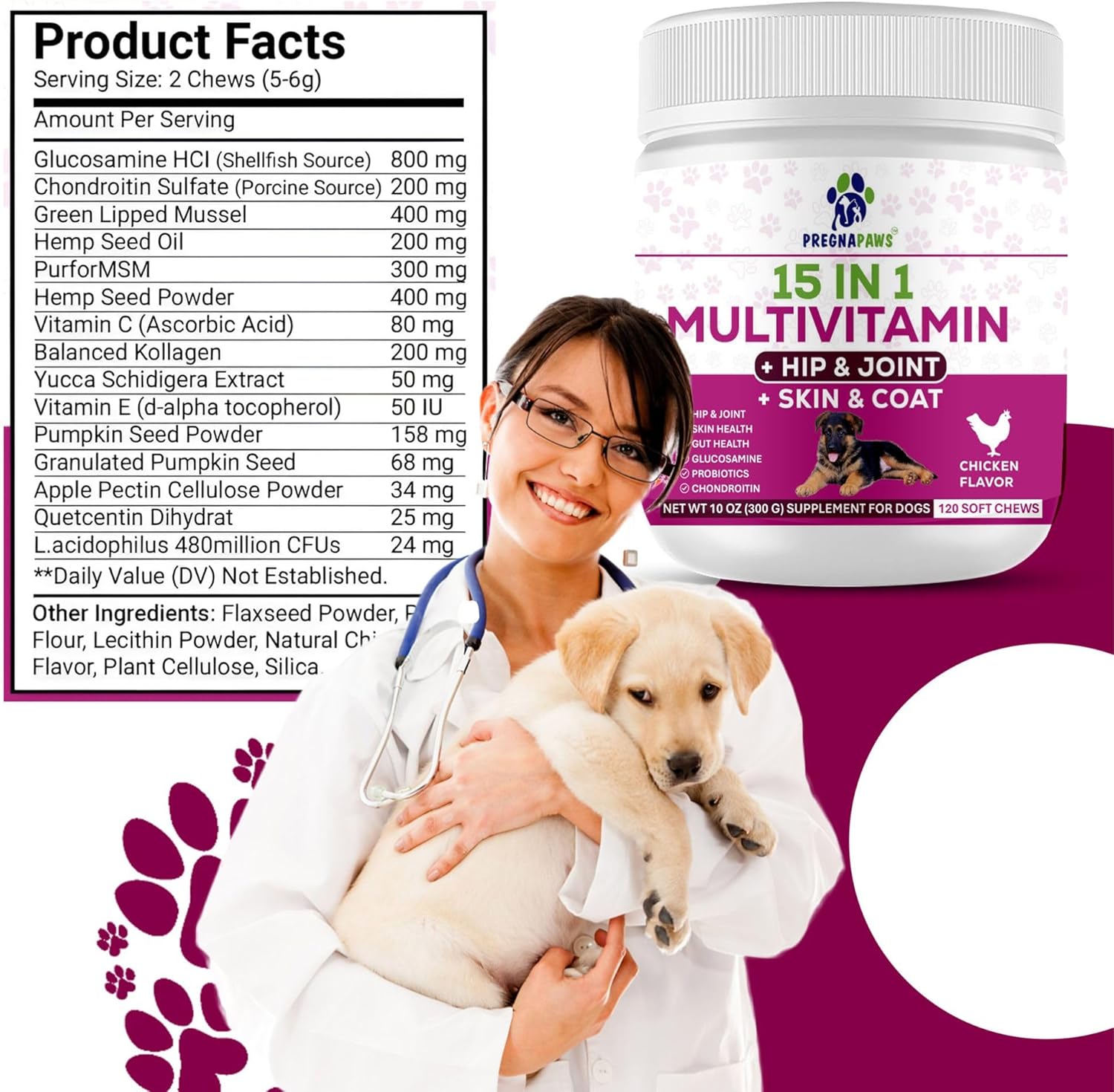 15-in-1 Postnatal Vitamins for Dogs - Promotes Recovery, Joint Health, Skin & Coat Care - Probiotics & Multivitamins - 120 Chewable Chicken Flavor Tablets