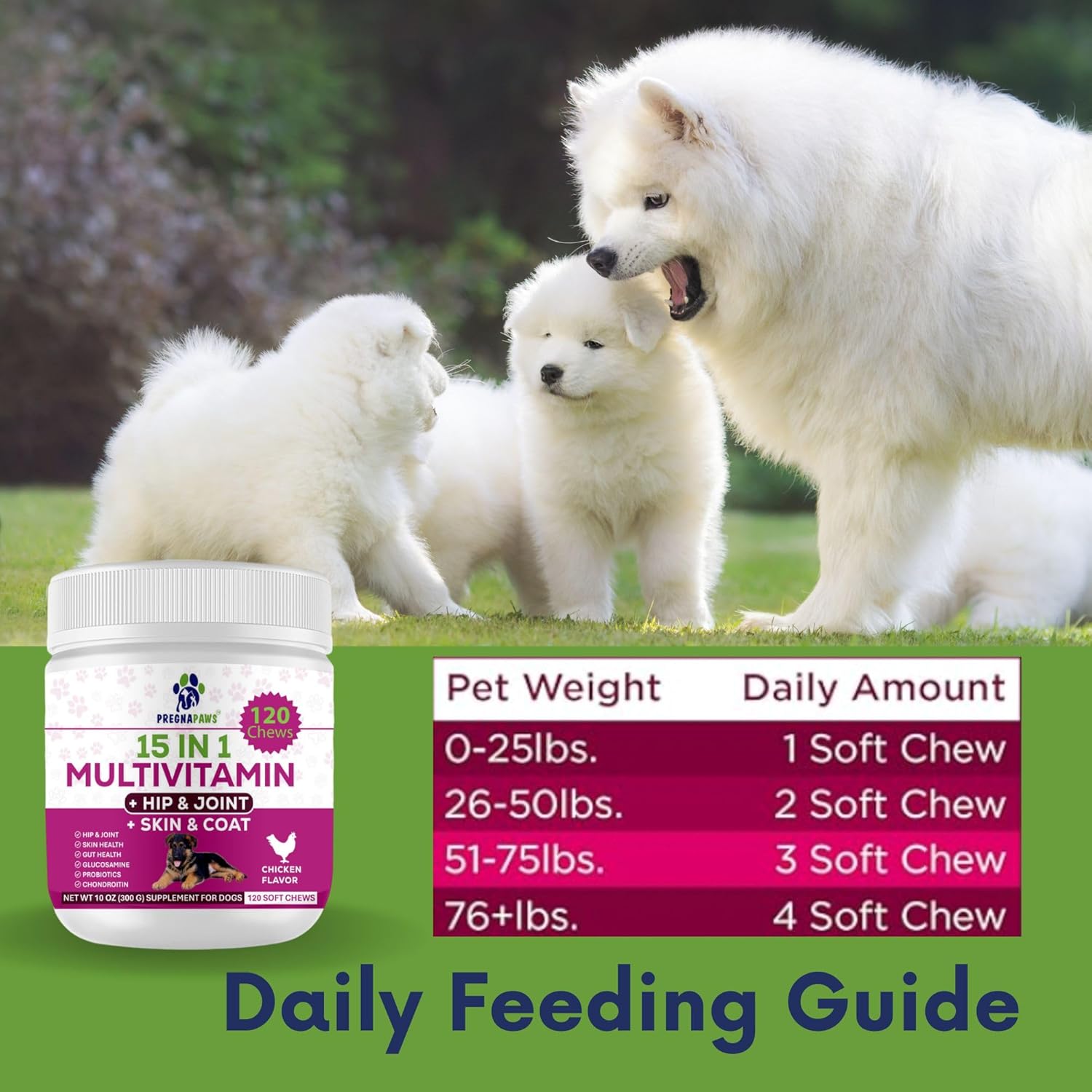 15-in-1 Postnatal Vitamins for Dogs - Promotes Recovery, Joint Health, Skin & Coat Care - Probiotics & Multivitamins - 120 Chewable Chicken Flavor Tablets