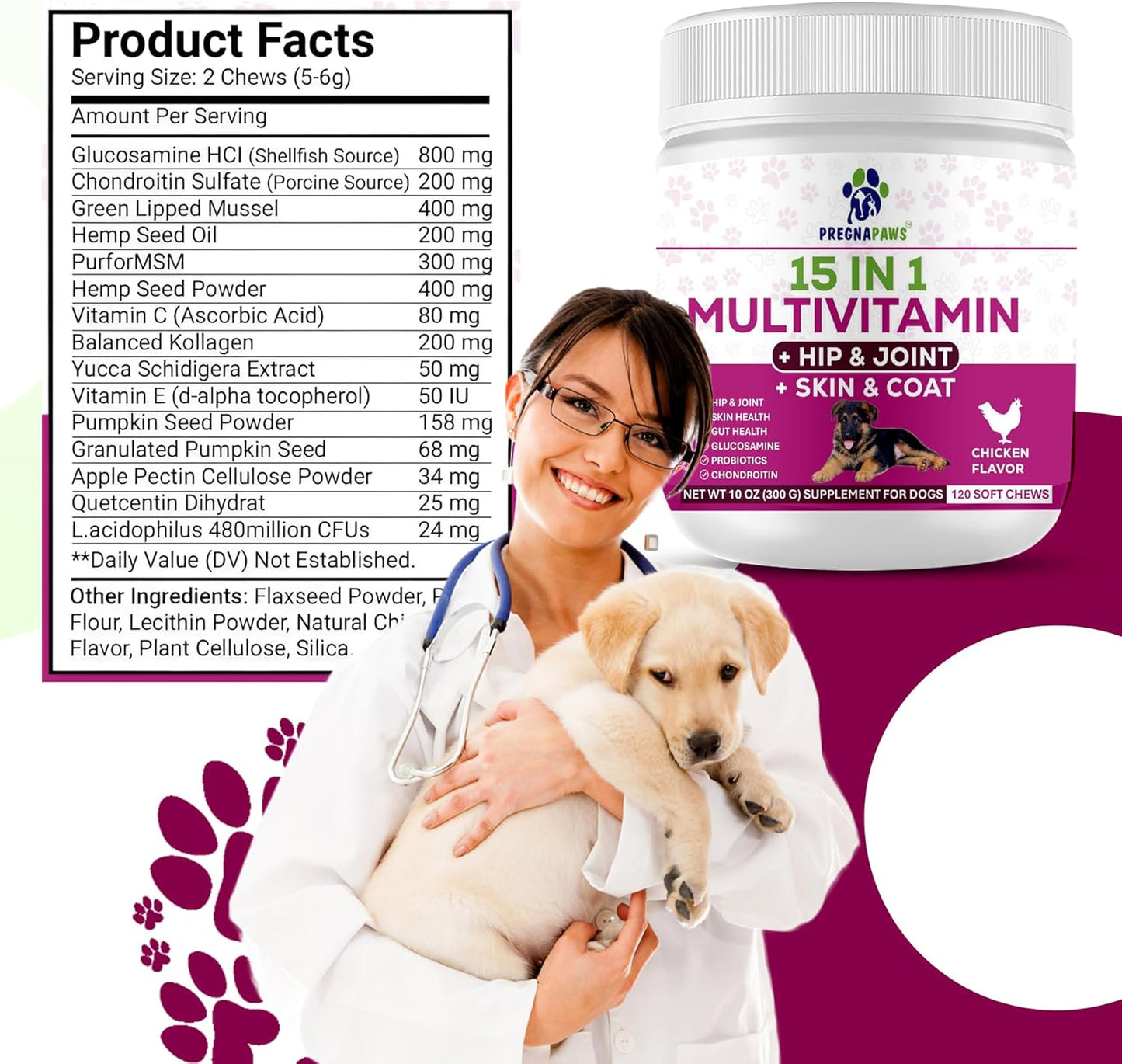 15-in-1 Postnatal Vitamins for Dogs - Promotes Recovery, Joint Health, Skin & Coat Care - Probiotics & Multivitamins - 120 Chewable Chicken Flavor Tablets