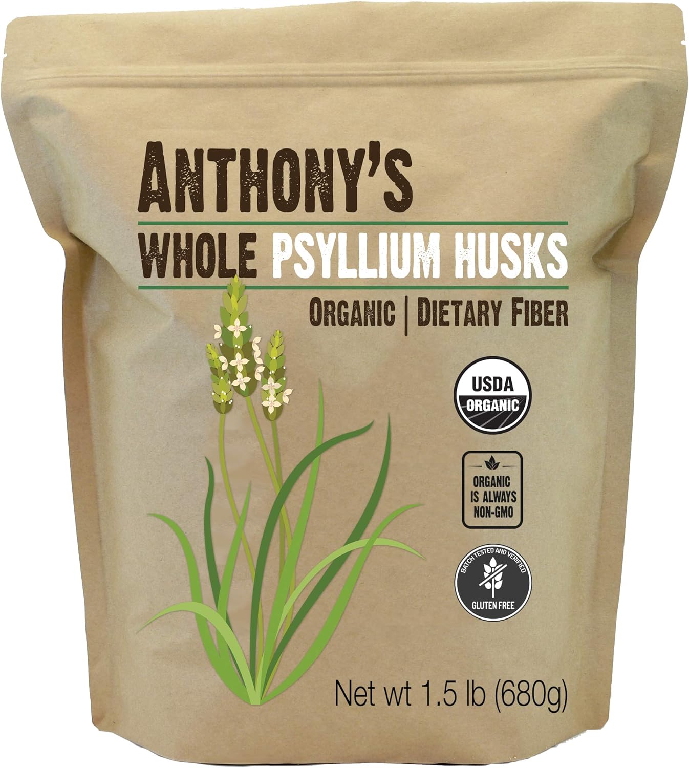 1.5 lb Anthony's Organic Whole Psyllium Husks - High Fiber, Gluten Free, Non GMO, Keto Approved