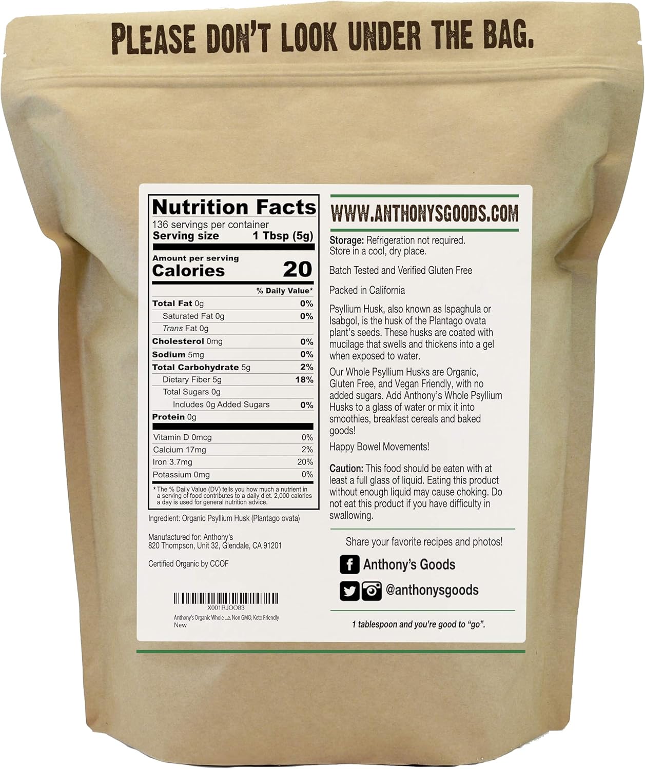 1.5 lb Anthony's Organic Whole Psyllium Husks - High Fiber, Gluten Free, Non GMO, Keto Approved