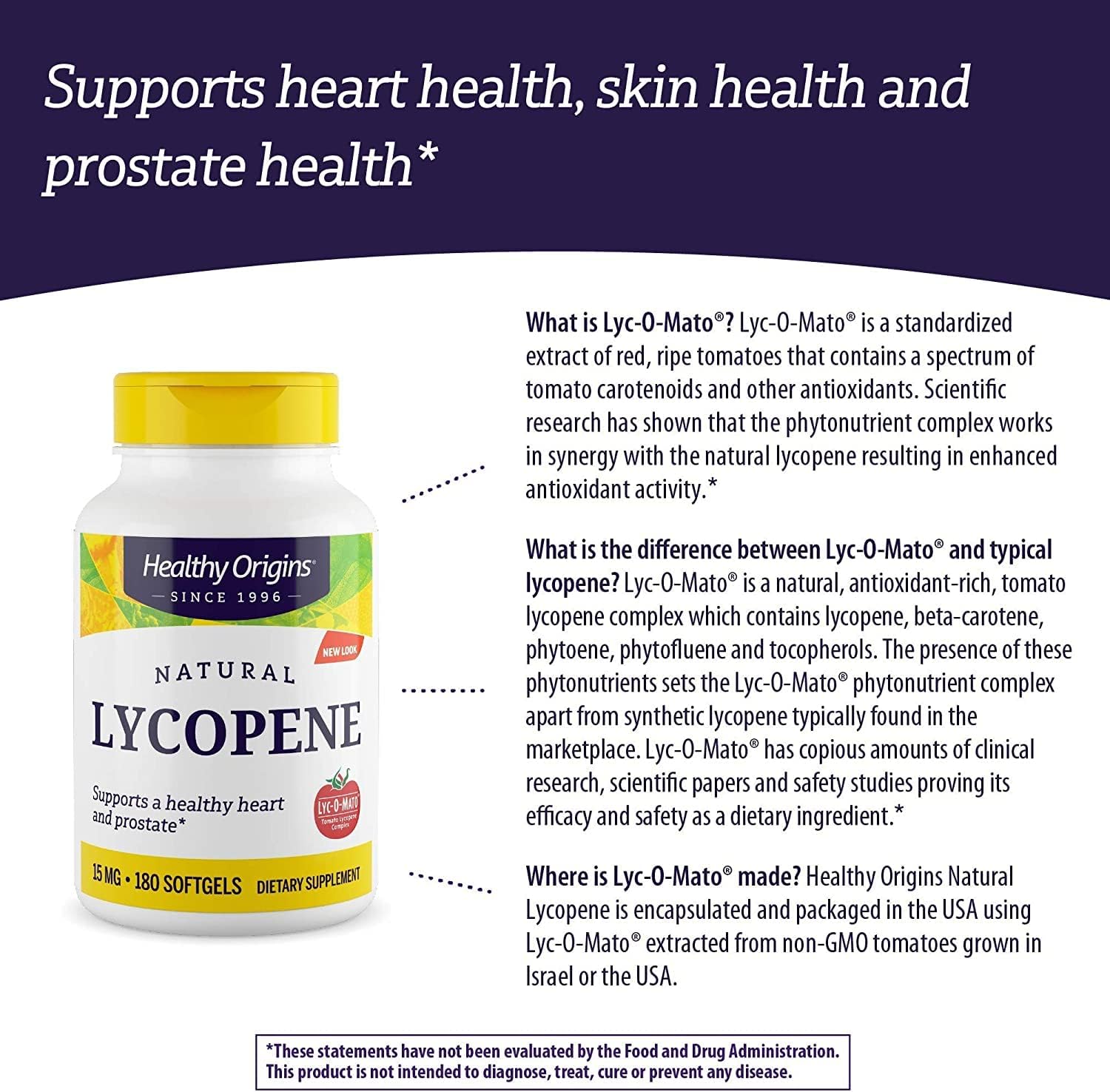 15 mg Natural Lycopene Antioxidant Supplement for Heart & Prostate Health - Non-GMO, Gluten-Free - 180 Softgels by Healthy Origins