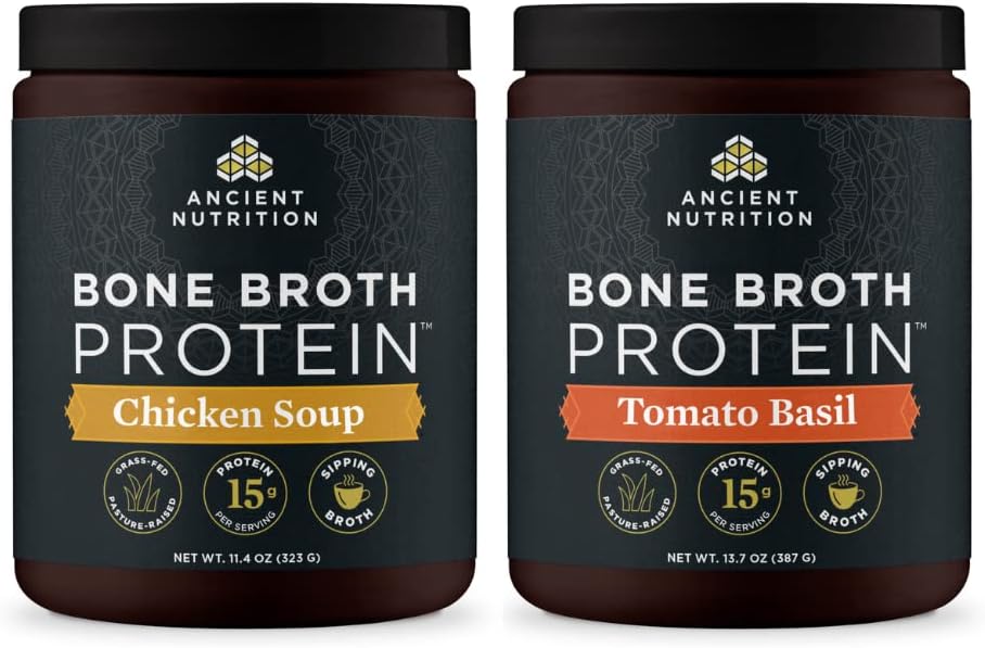 15 Servings of Ancient Nutrition Bone Broth Protein Powder in Chicken Soup and Tomato Basil Flavors
