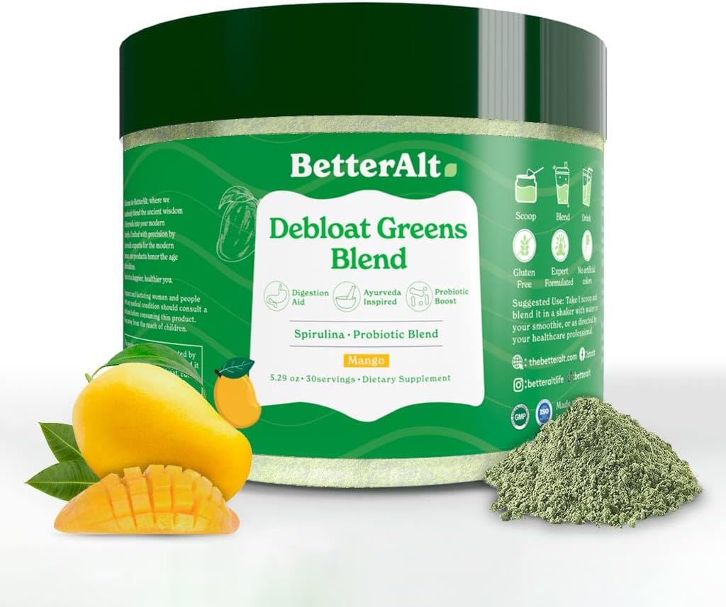 15 Super Greens Detox Powder with Spirulina, Moringa, Wheatgrass - Antioxidants, Probiotics - Mango Flavor, No Maltodextrin - 30 Servings