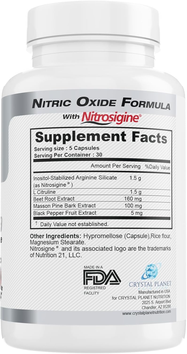 150 Capsules Crystal Planet Nitric Oxide Complex Supplement with Nitrosigine, L-Citrulline, L-Arginine, Beet Root Extract