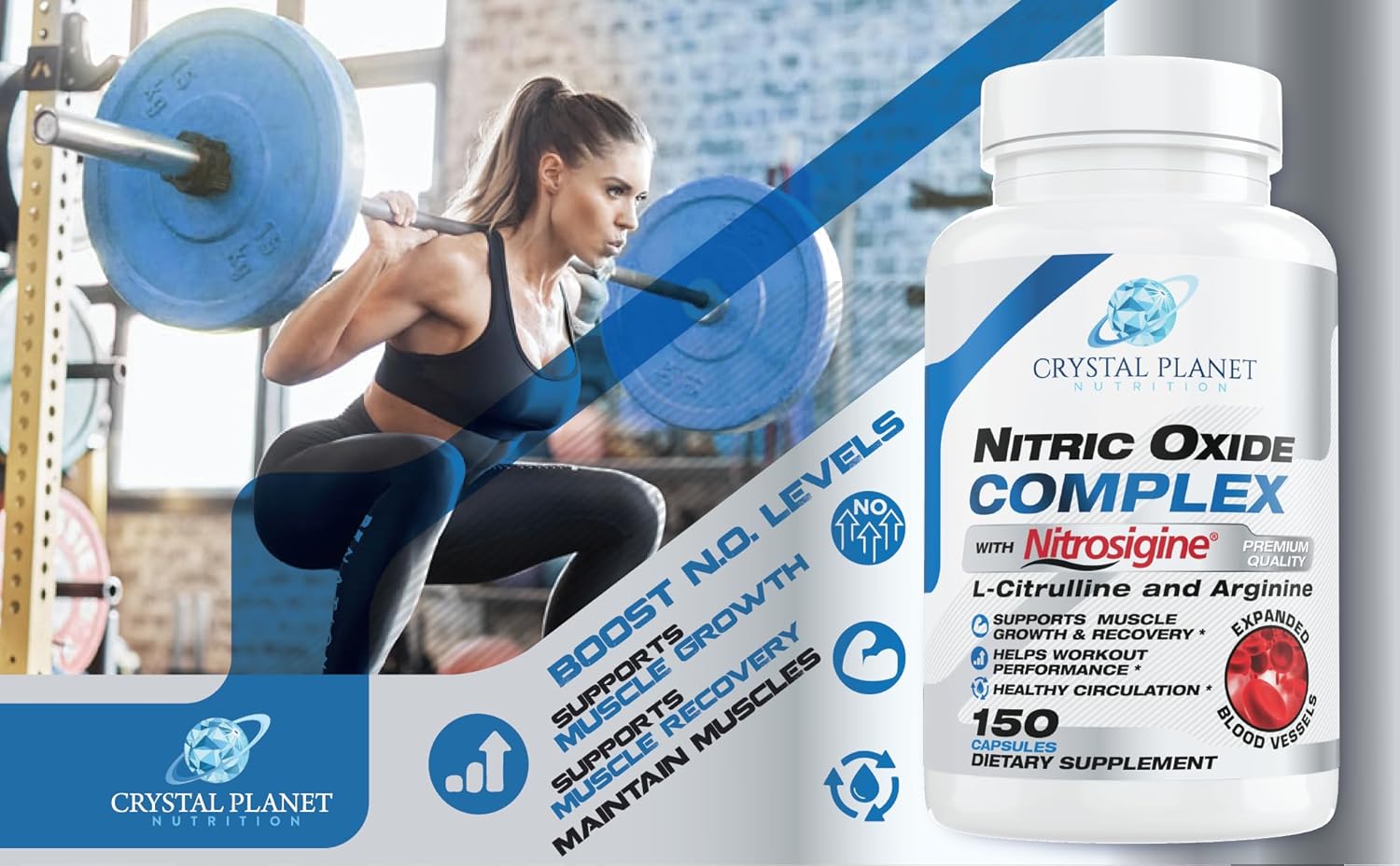 150 Capsules Crystal Planet Nitric Oxide Complex Supplement with Nitrosigine, L-Citrulline, L-Arginine, Beet Root Extract