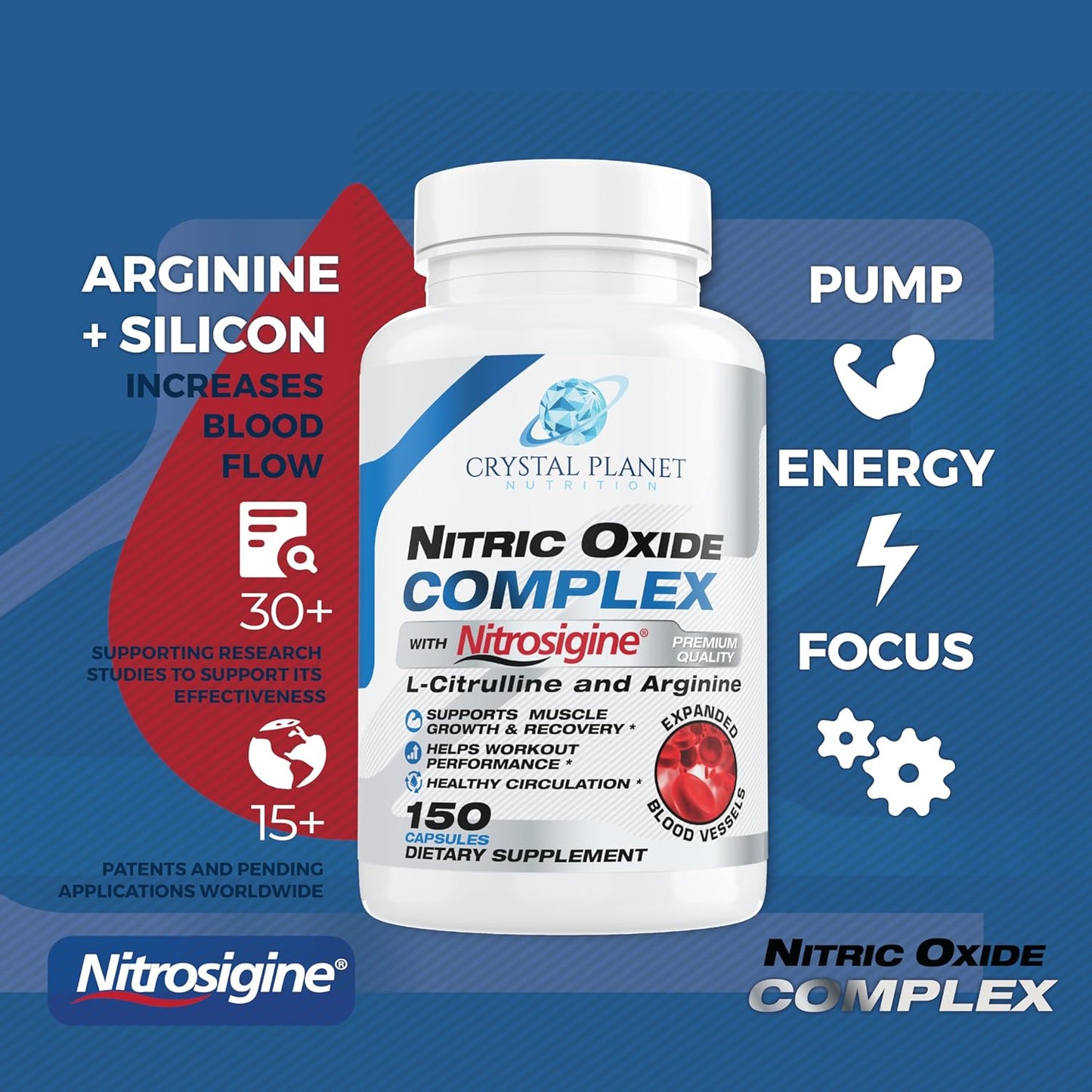 150 Capsules Crystal Planet Nitric Oxide Complex Supplement with Nitrosigine, L-Citrulline, L-Arginine, Beet Root Extract