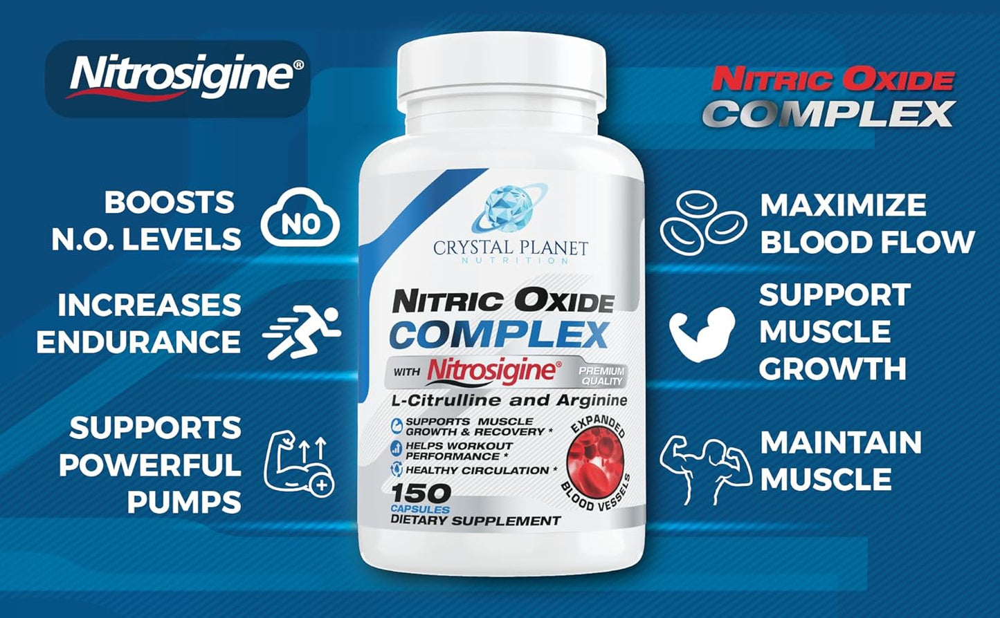 150 Capsules Crystal Planet Nitric Oxide Complex Supplement with Nitrosigine, L-Citrulline, L-Arginine, Beet Root Extract