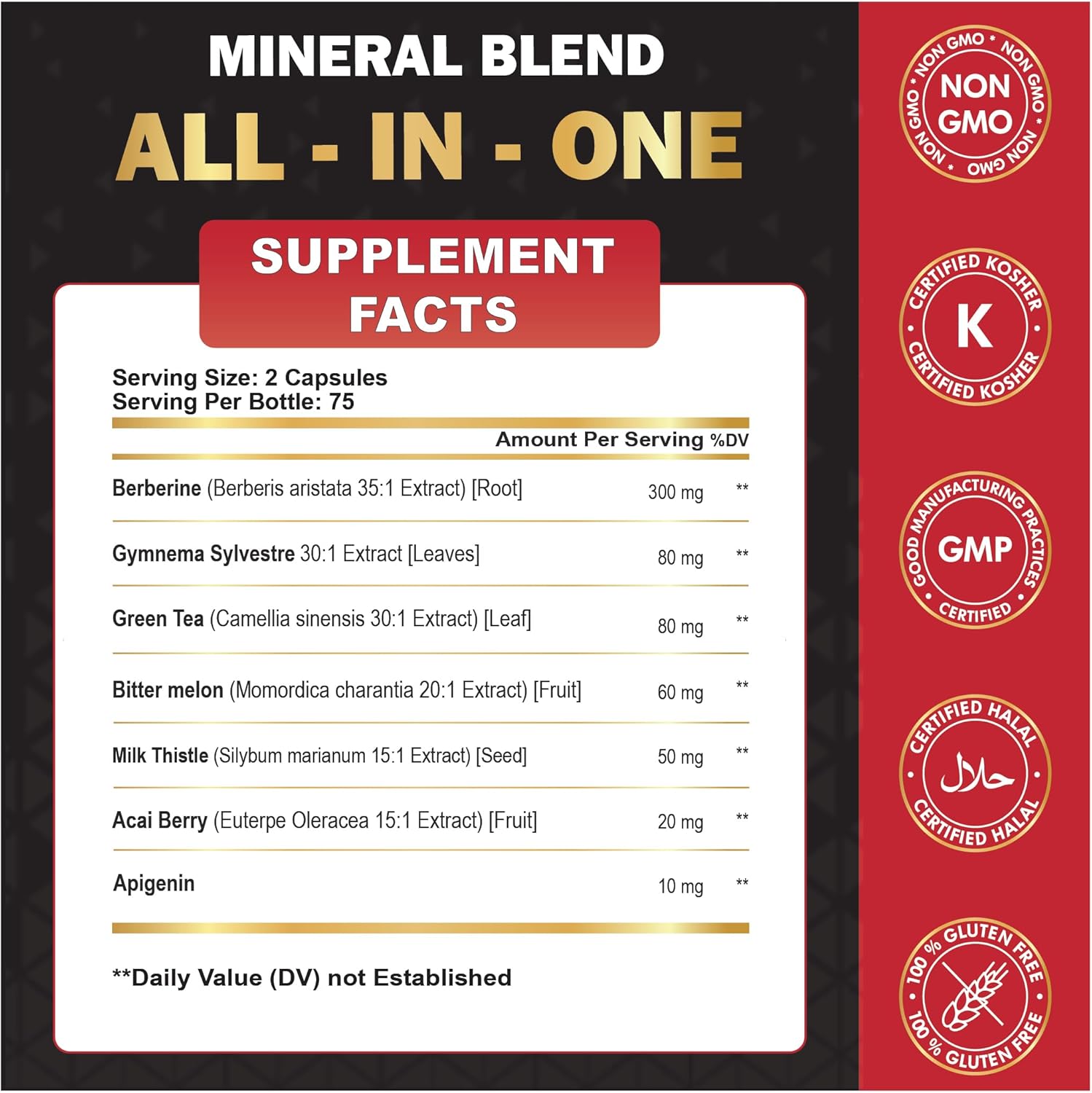 150 Capsules Organic Cadane Berberine Extract 35:1 Supplement with Gymnema Sylvestre, Green Tea - Immune System and Digestive Health Support