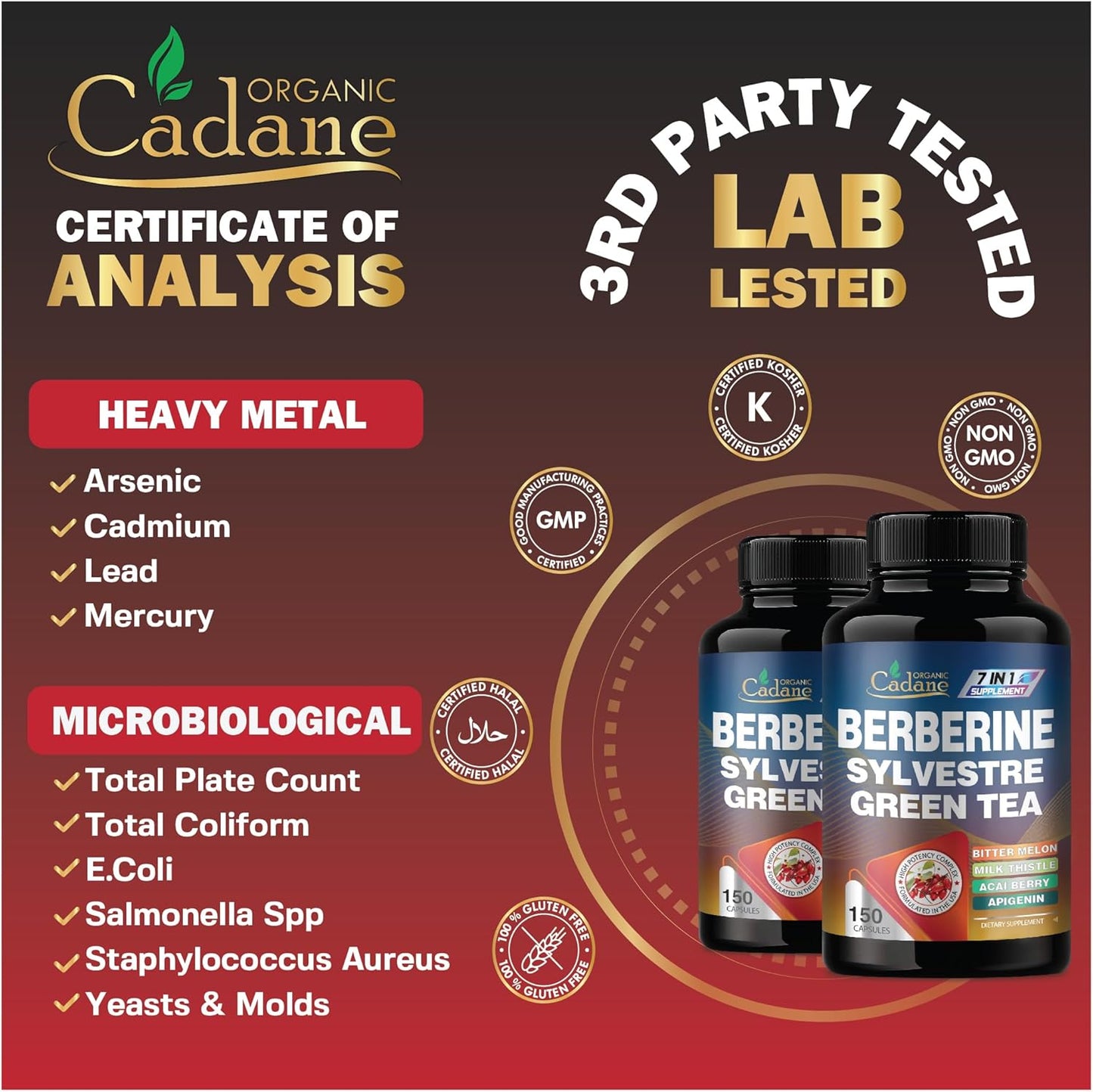150 Capsules Organic Cadane Berberine Extract 35:1 Supplement with Gymnema Sylvestre, Green Tea - Immune System and Digestive Health Support