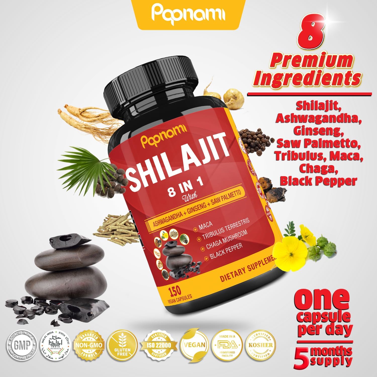 150 Capsules Papnami Shilajit Himalayan Supplement for Men & Women with Ashwagandha, Ginseng, Saw Palmetto, Maca, Tribulus, Chaga, and Black Pepper - Supports Vitality, Energy, and Immune System