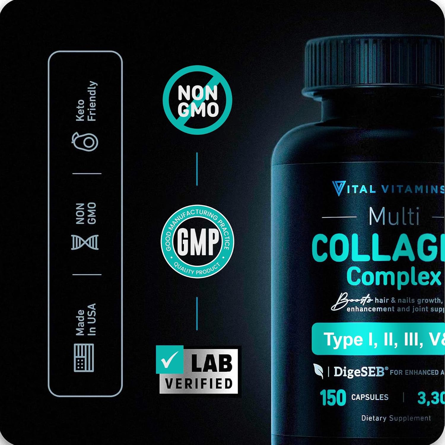 150 Capsules Vital Vitamins Type I, II, III, V, X Multi Collagen for Women & Men - Grass Fed, Non-GMO