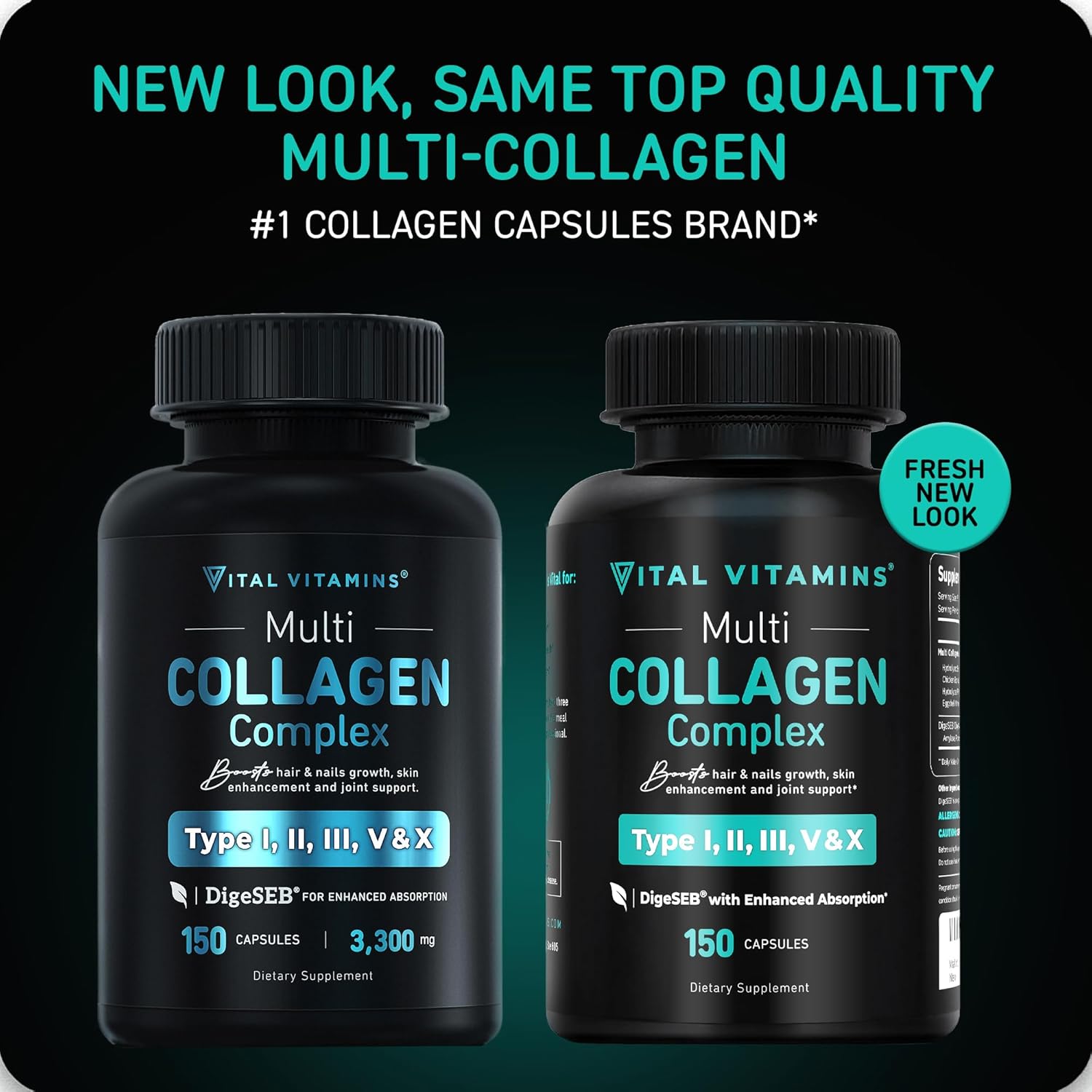 150 Capsules Vital Vitamins Type I, II, III, V, X Multi Collagen for Women & Men - Grass Fed, Non-GMO