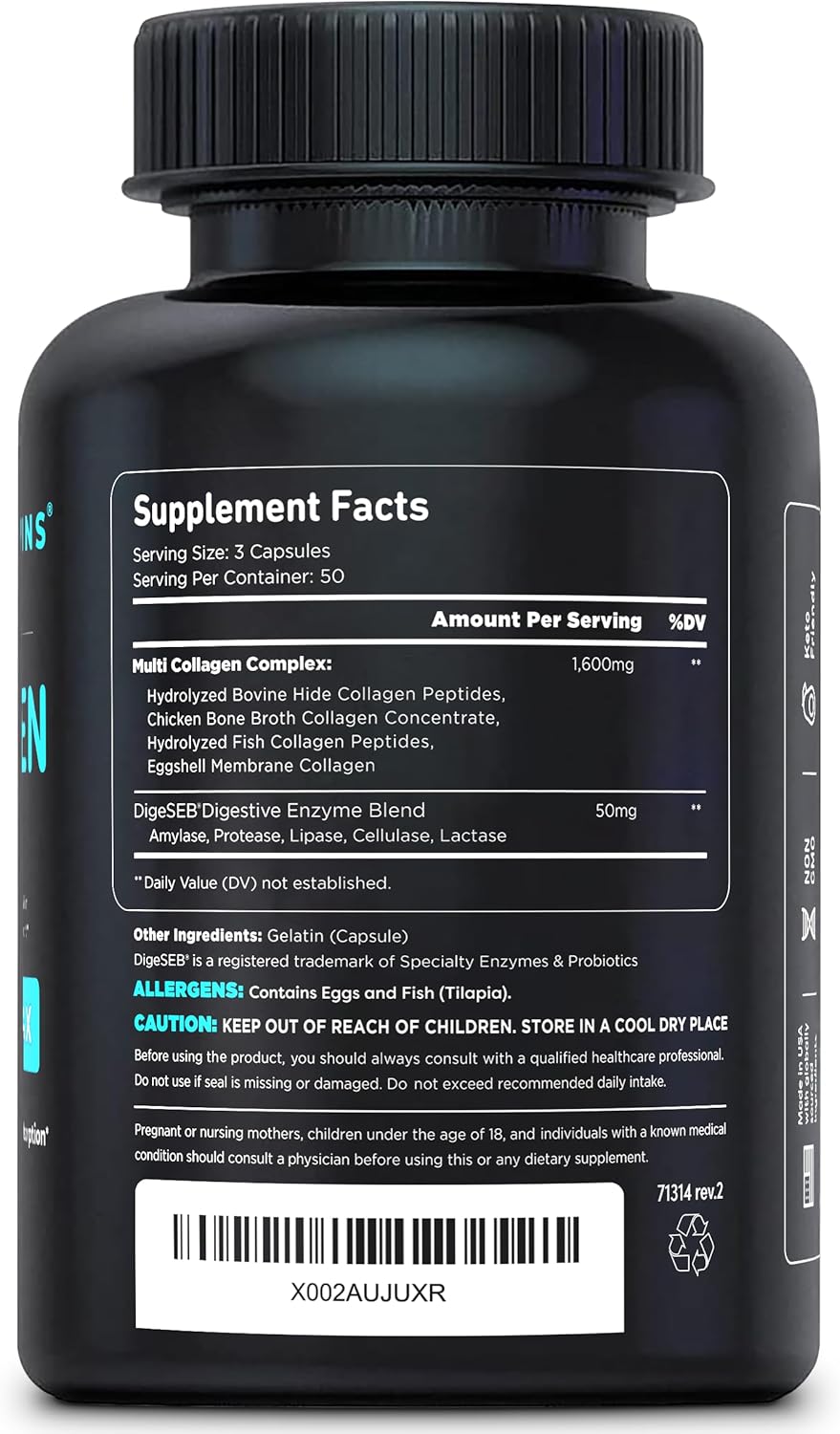150 Capsules Vital Vitamins Type I, II, III, V, X Multi Collagen for Women & Men - Grass Fed, Non-GMO